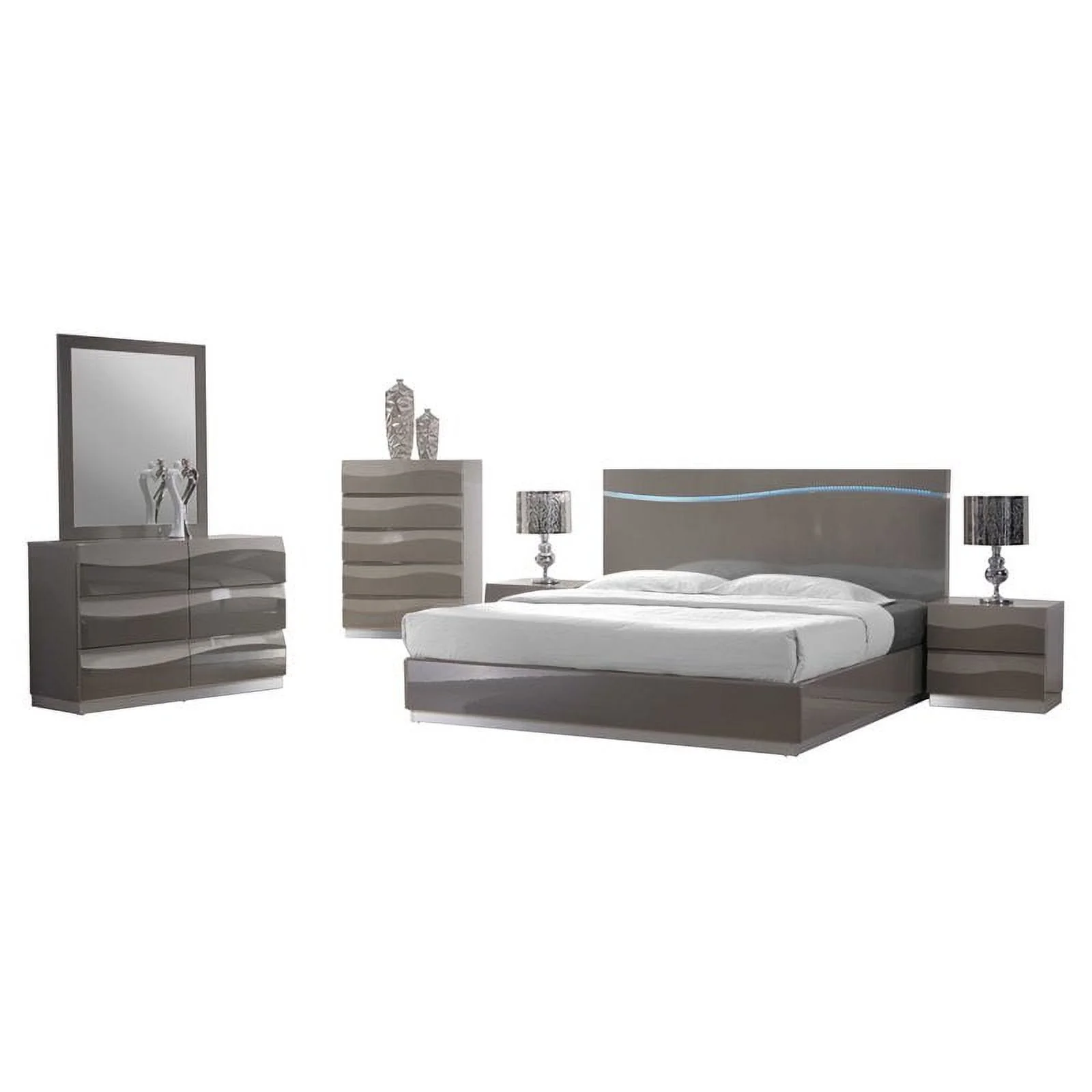 Milan Dayton Contemporary Wood King-size Bed with Wave Accents in Gloss Gray