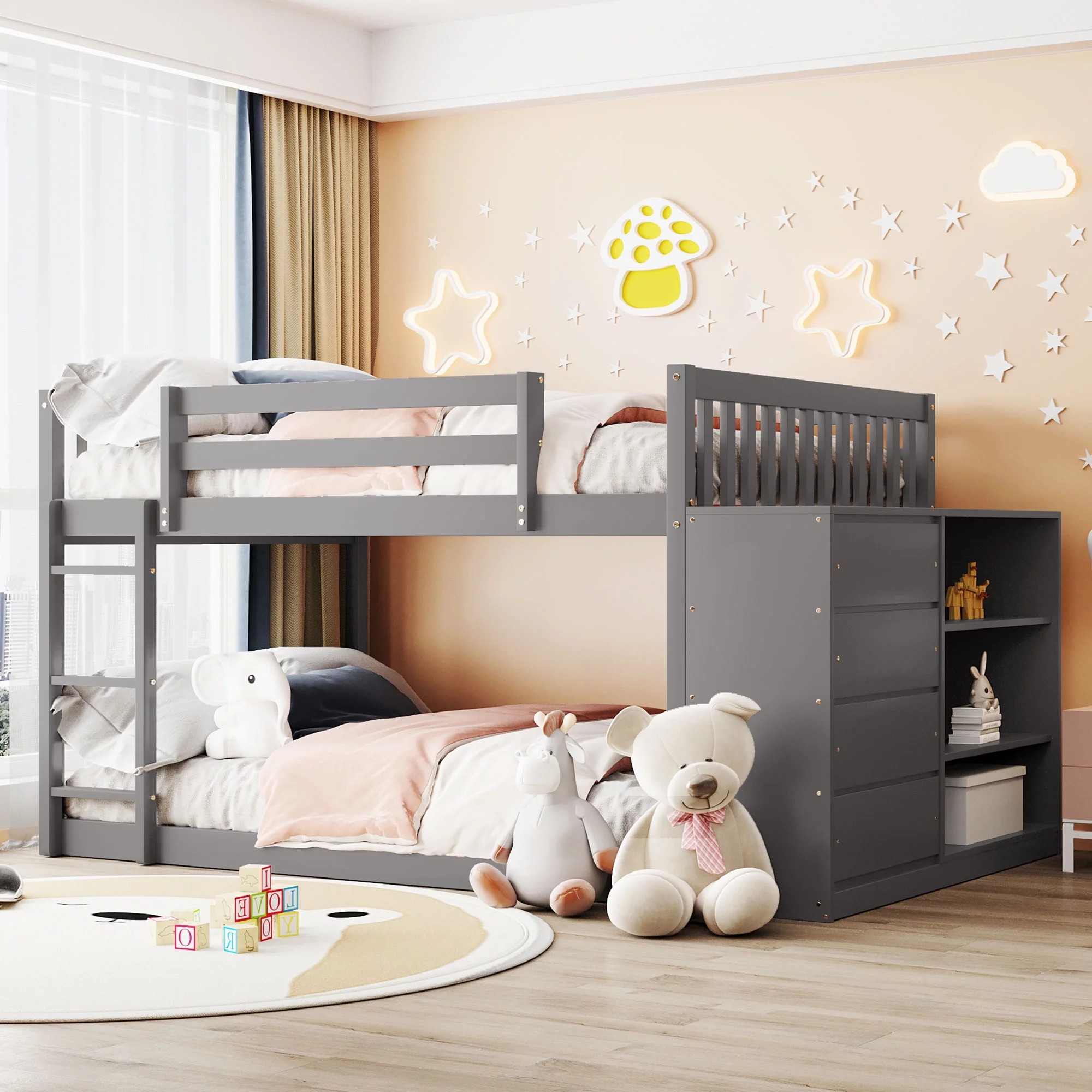 Solid Wood Full-Over-Full Bunk Bed with Storage and Guard Rail, Full over Full Bunk Bed with 4 Drawers and 3 Shelves for Toddler Kids Teens(Gray)