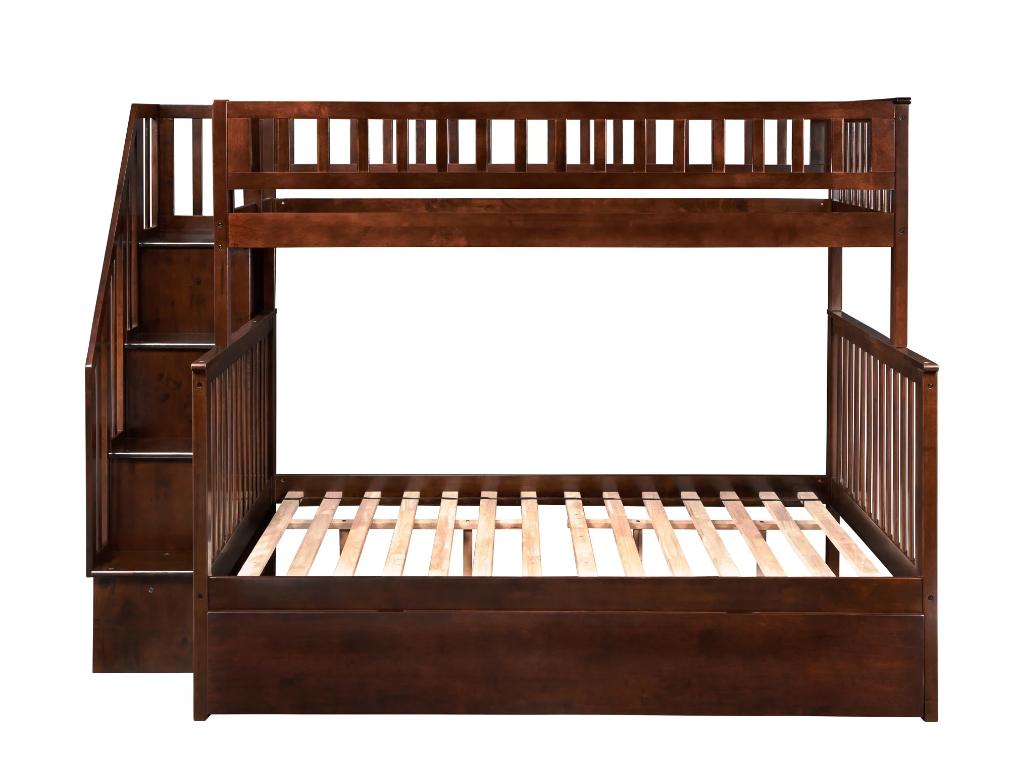 Woodland Staircase Bunk Bed Twin over Full with Full Size Urban Trundle Bed in Walnut