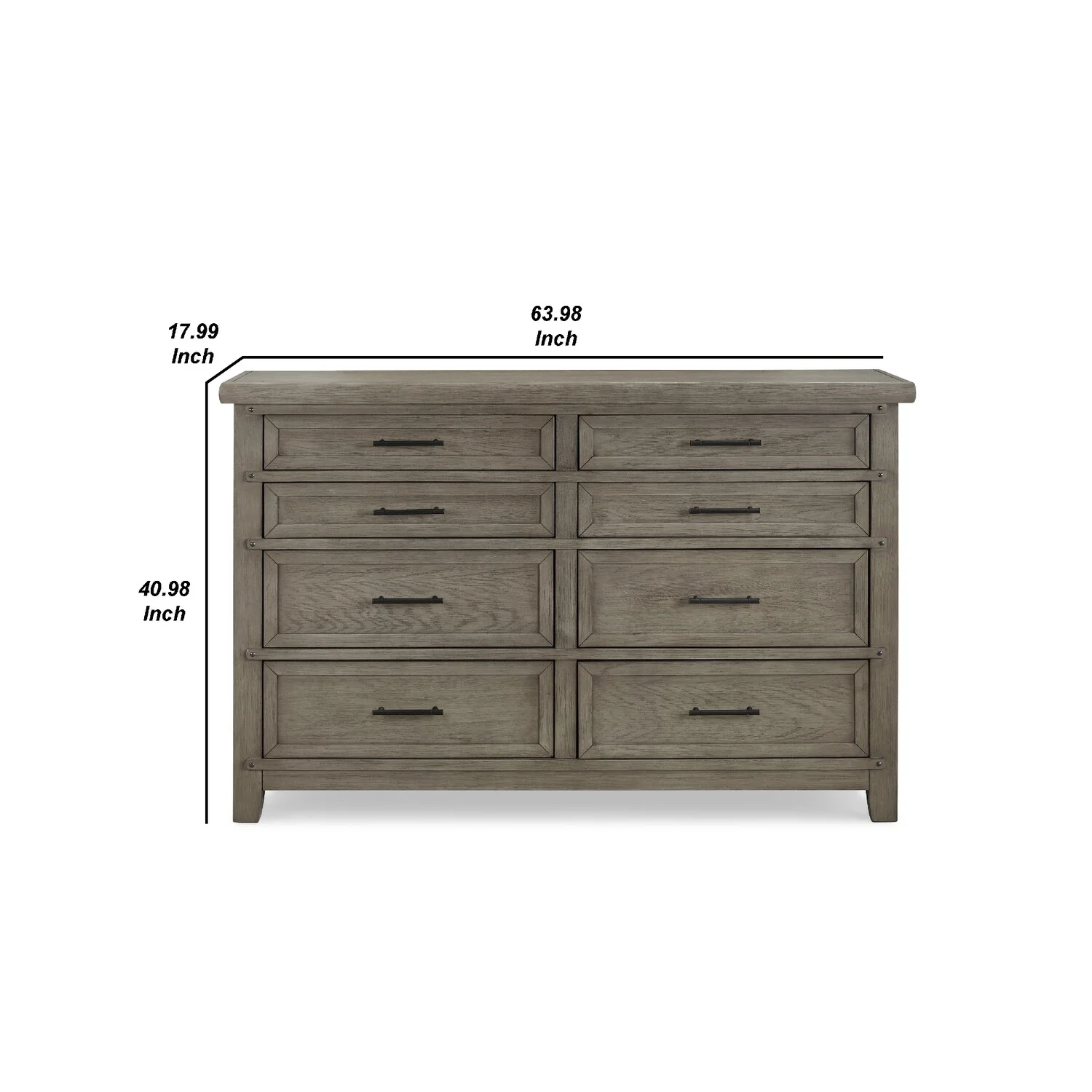 Benjara 64 Inch Oliver Driftwood Style Dresser with 8 Drawers and Black Metal Handles in European Style Trim, Beige