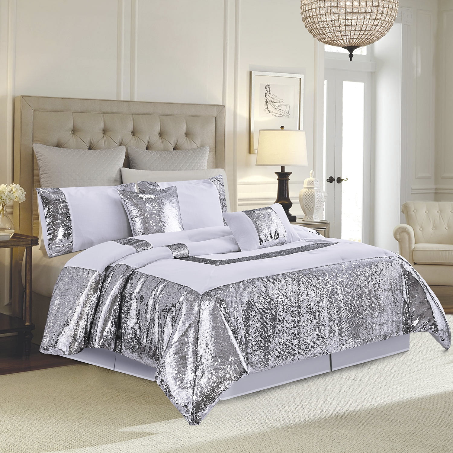 HIG White/Sliver Flip Sequins Comforter Set, King Size Pactch Work Bed Set