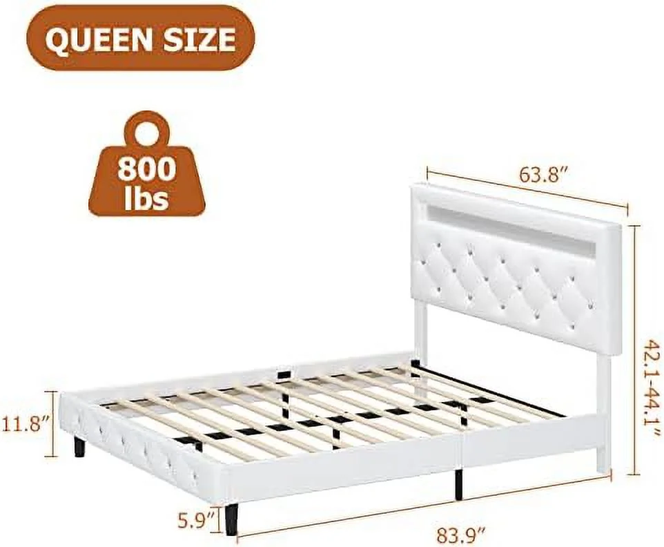 HBBOOMLIFE Modern Upholstered Queen Bed Frame with LED Lights  Faux Leather Low Profile Platform Bed Frame  Adjustable Crystal Button Tufted Headboard  Strong Wood Slat Support  Easy Asse
