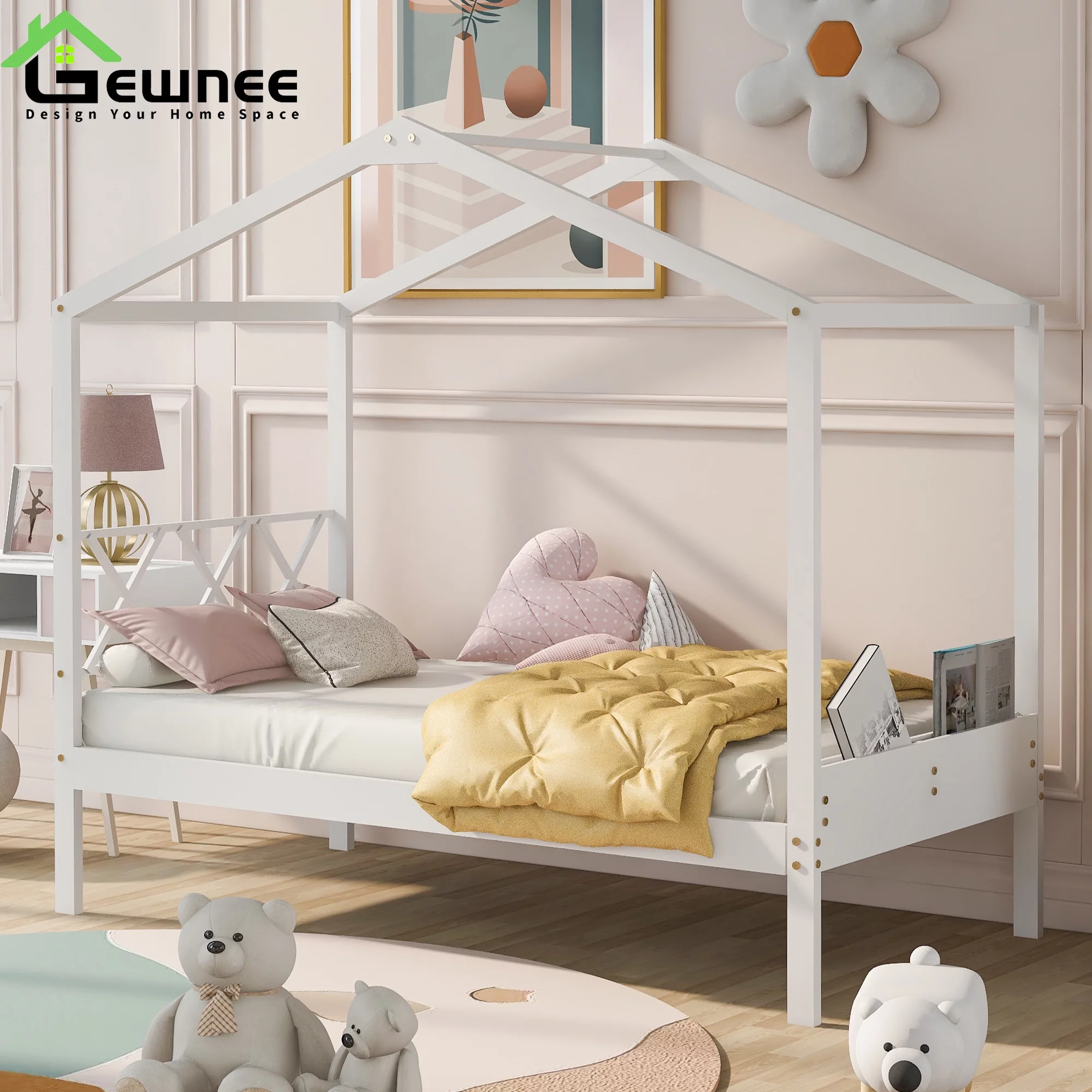 Gewnee Twin Size Kids Wood House Bed with Headboard, Footboard and Storage Space,White