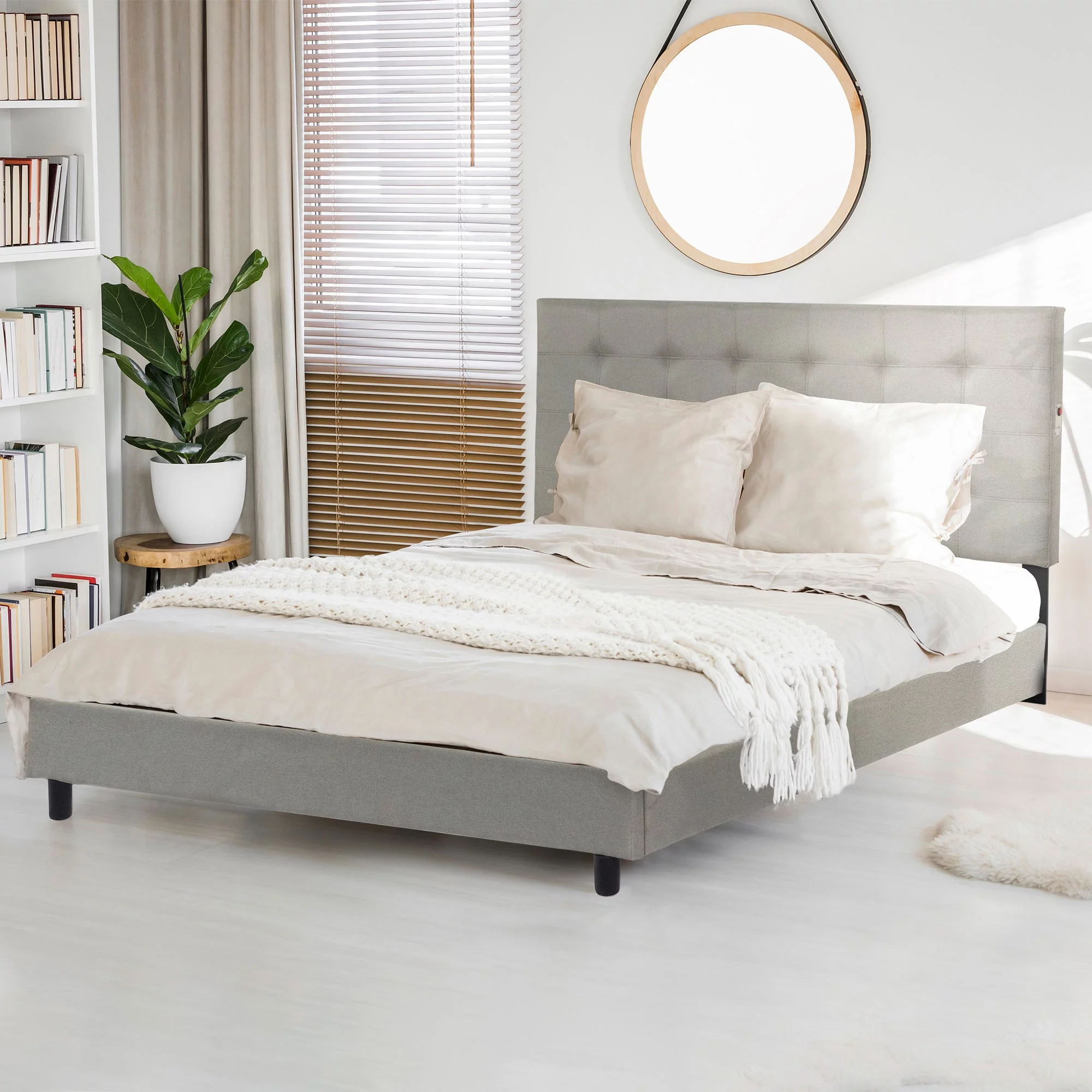 Madison Classic Wood Tufted Upholstered Bed, Queen, Beige/Black