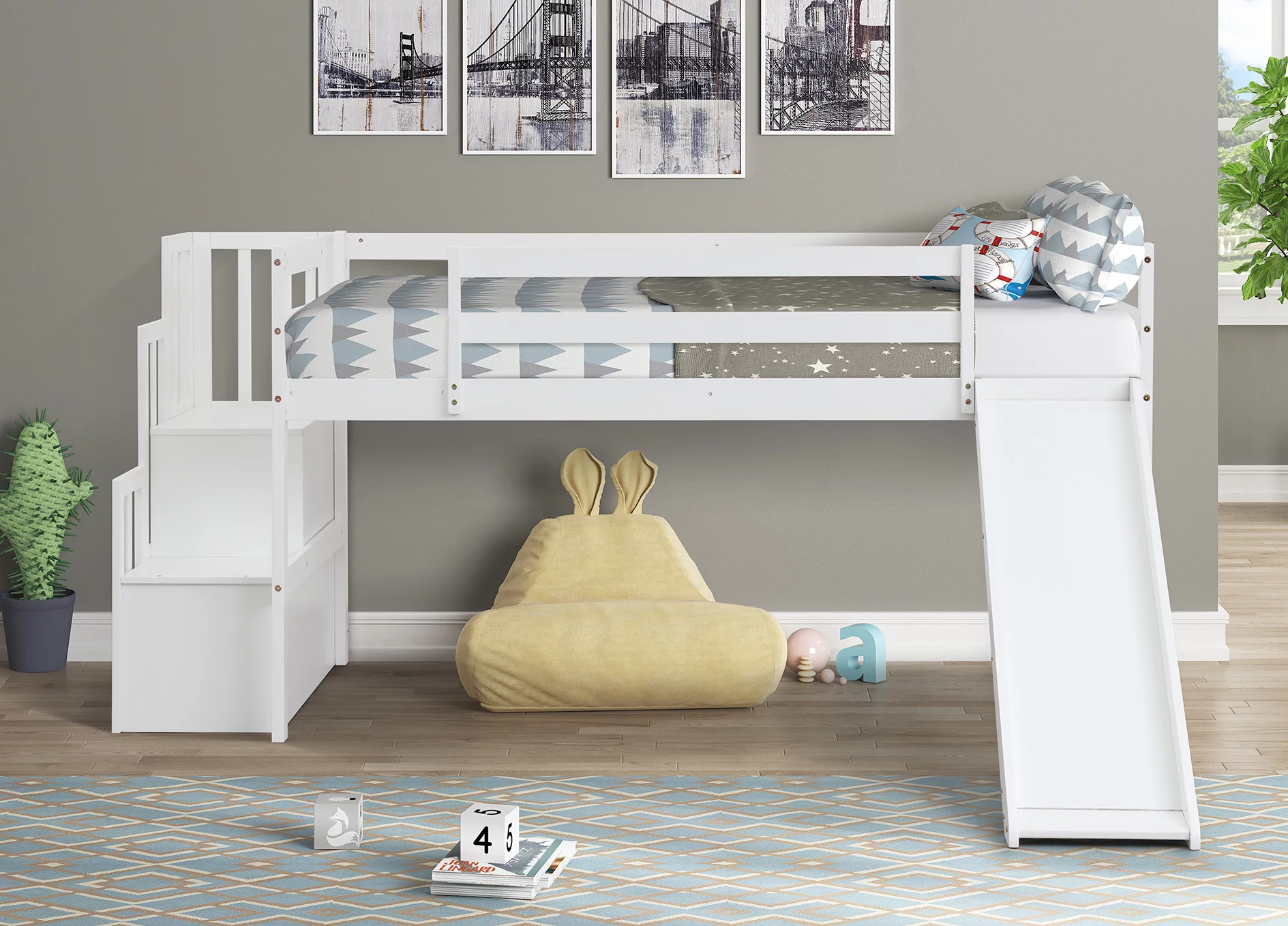 Anself Loft Bed with Staircase, Storage, Slide, Twin size, Full-length Safety Guardrails, No Box Spring Needed, White