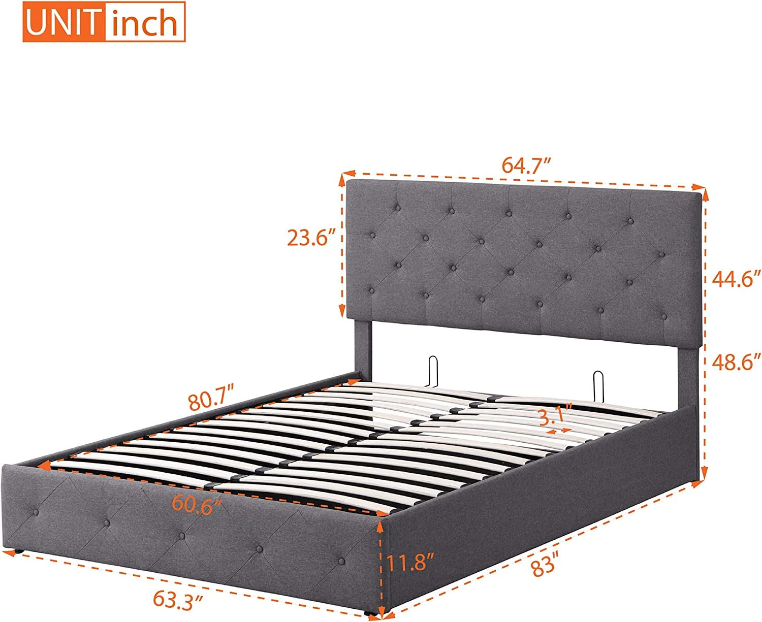 Quee Upholsered Bed Wih Gas Lif Up Sorage, Quee Size Bed Frame Wih Sorage Udereah Ad ufed Headboard, Woode Plaform Bed Wih Hydraulic Sorage Sysem(Quee, Gray +Buo Desig)
