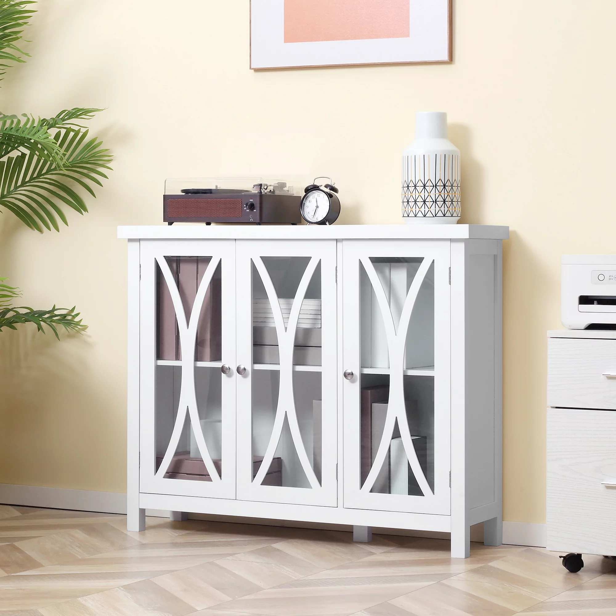 HOMCOM Sideboard, Buffet Cabinet with Storage, Adjustable Shelves, Credenza with 3 Glass Doors for Living Room, Study, White