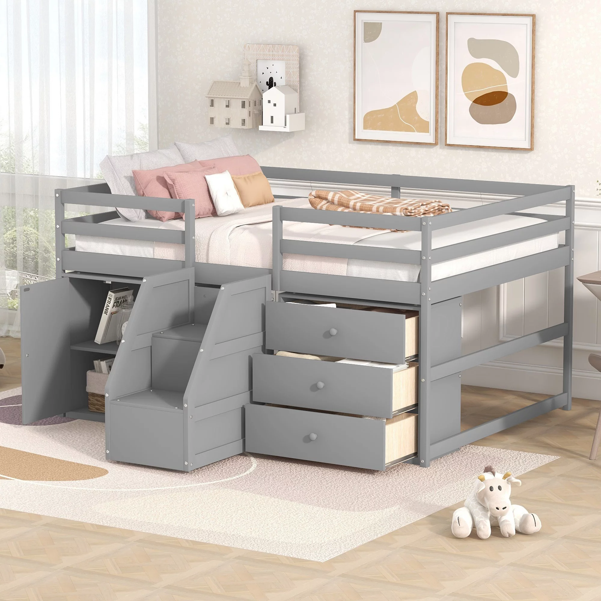 Dawn Whisper Full Size Functional Loft Bed with Cabinets and Drawers, Hanging Clothes at the back of the Staircase, Gray