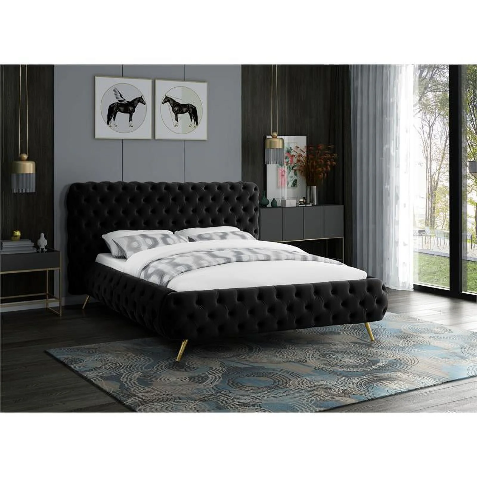 Maklaine Contemporary Solid Wood Tufted Velvet Queen Bed in Black
