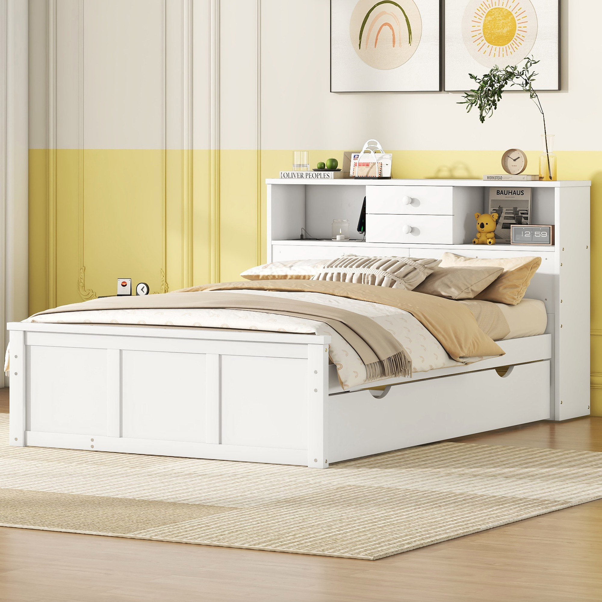 CoSoTower Full Size Wood Pltaform Bed with Win Size Trundle, 3 Drawers, Upper Shelves and A Set of USB Ports & Sockets, White