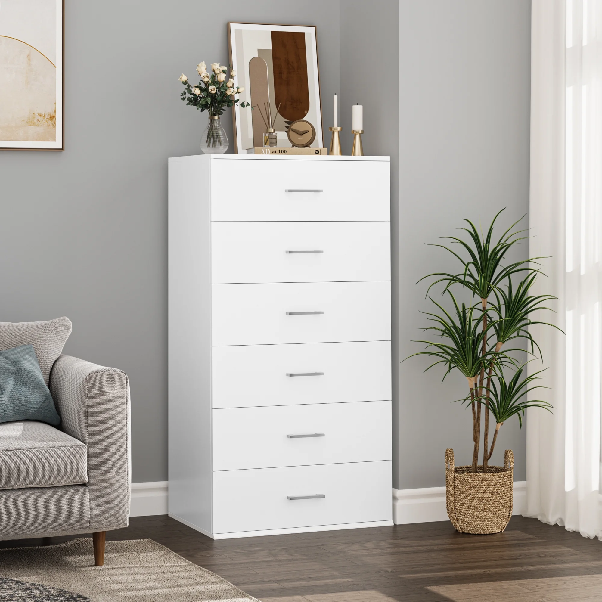 Homfa White Dresser with 6 Drawers, Vertical Chest of Drawers Wood Storage Cabinet for Bedroom Living Room