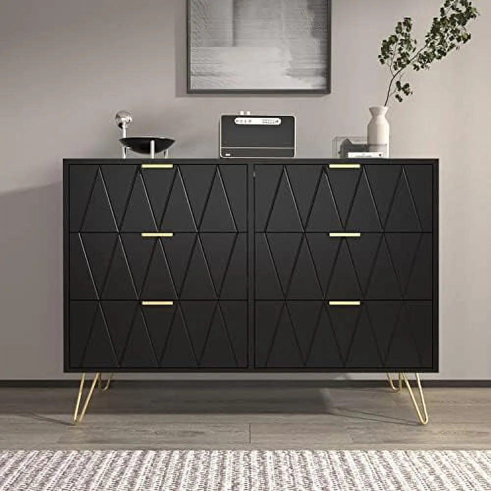 KHBIULIFE 6 Drawer Double Dresser Modern Chest of Drawers Dresser with Wide Drawers and Golden Handles for Bedroom Living Room Hallway Entryway (Black)