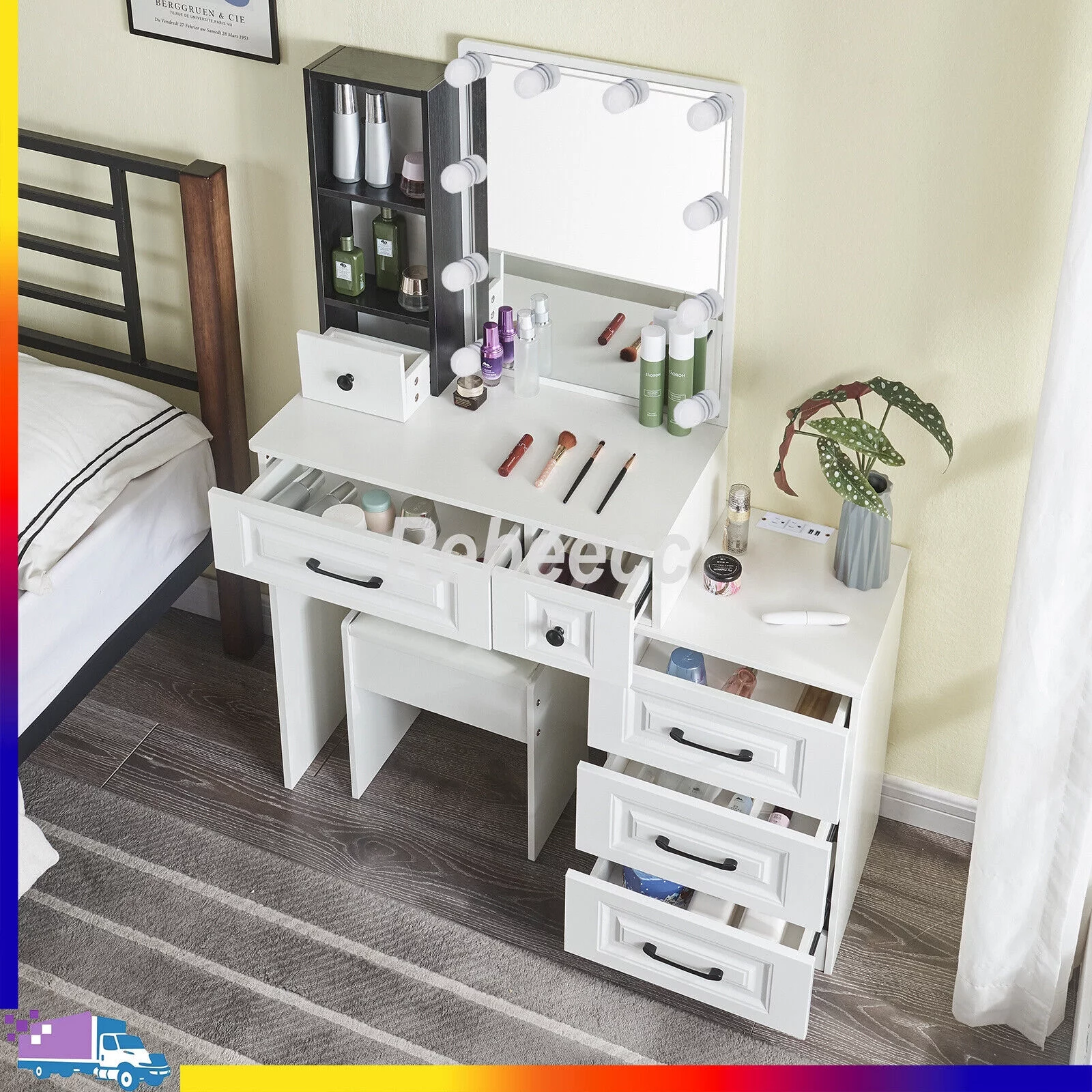 New Modern White Dressing Table Bedroom Set Makeup Desk with Mirror & Drawers US