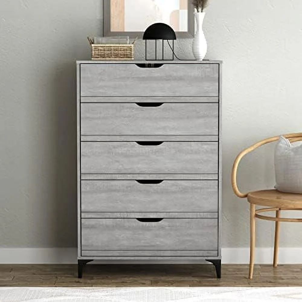 xrboomlife Lilay 5 Drawer Dresser - Dressers & Chest of Drawers - Dresser for Bedroom - Bedroom  - Tall Dresser -  Drawers Organizers - Easy Assembly - Dark Grey Oak