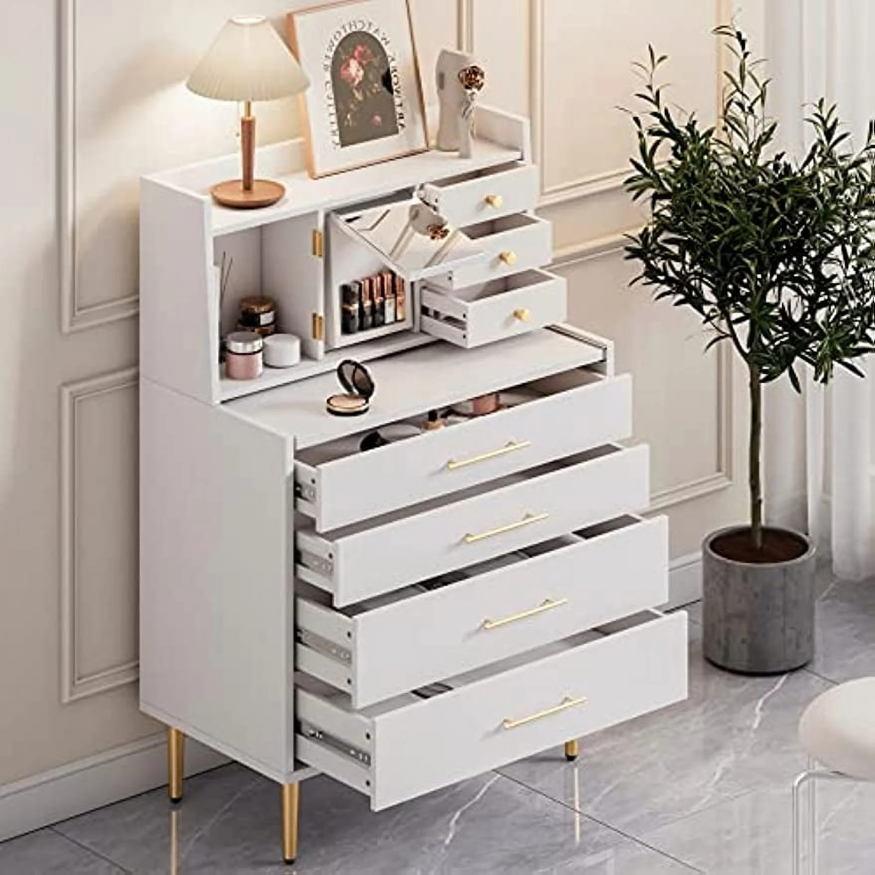 Storage Dresser, Vanity Makeup Table with Mirror/7 Drawers/Retractable Table/Hidden Storage for Bedroom, White