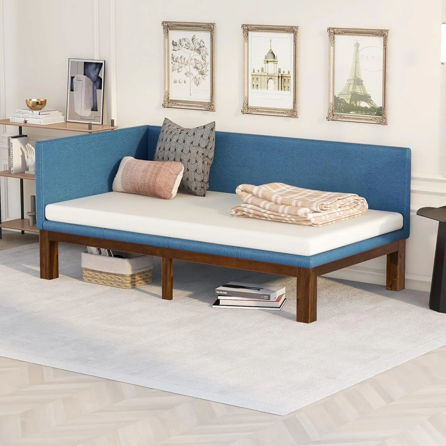 Upholstered Daybed Frame, Size Daybed With Slat Support, Sturdy Wooden Sofa Bed For Living Room Bedroom, No Box Spring Needed (, Blue)