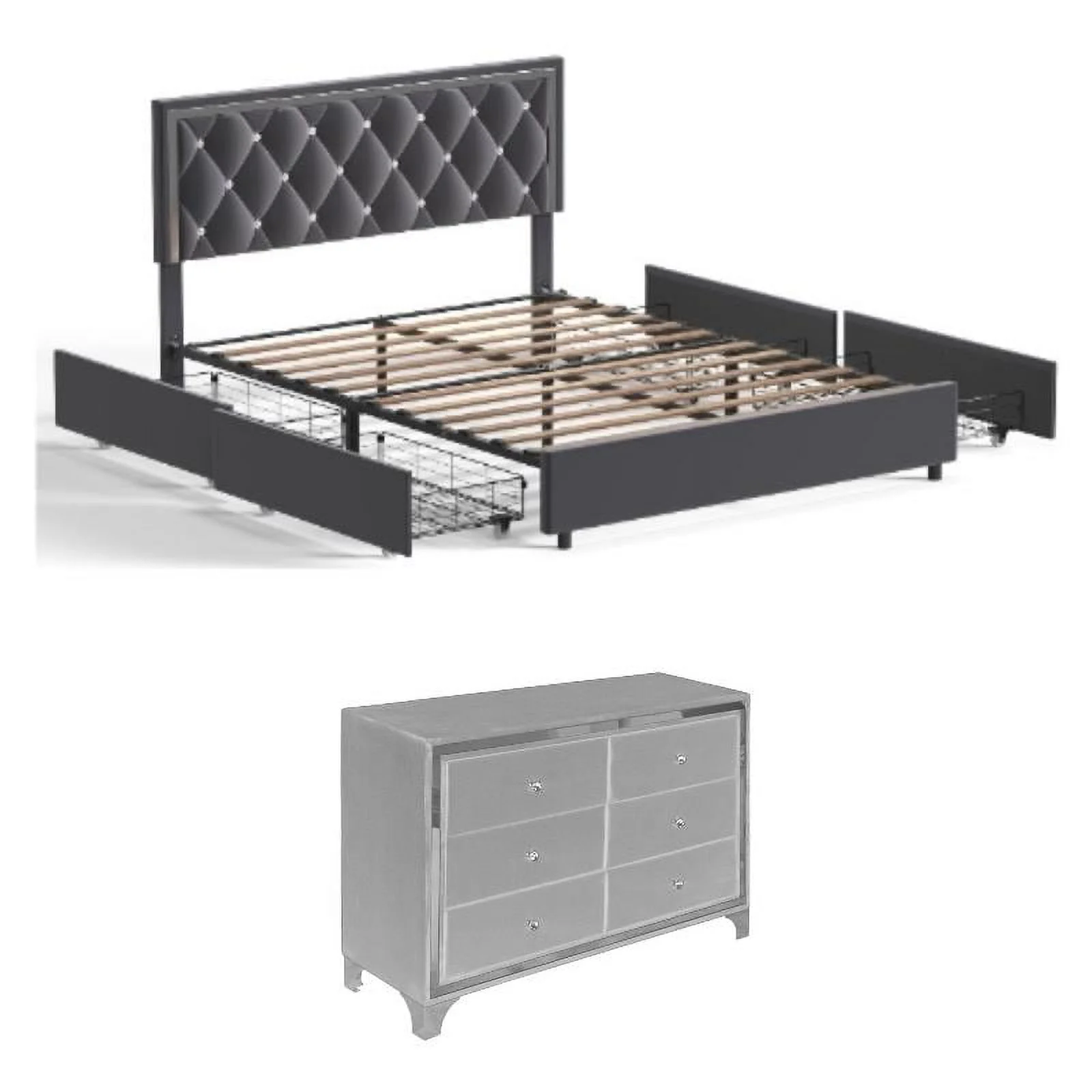 Home Square 2-Piece Set with Double Dresser & Full Size Platform Bed in Gray