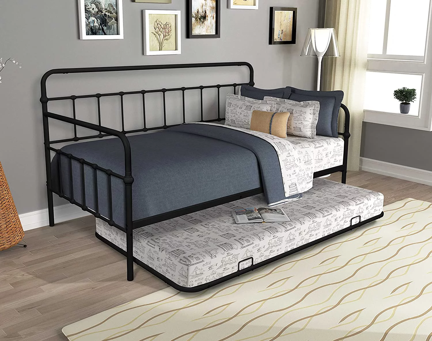 Size Metal Frame Daybed with Trundle Heavy Duty Steel Slat Support Saving Space Bed Sofa Bedroom Living Room Furniture for Guest