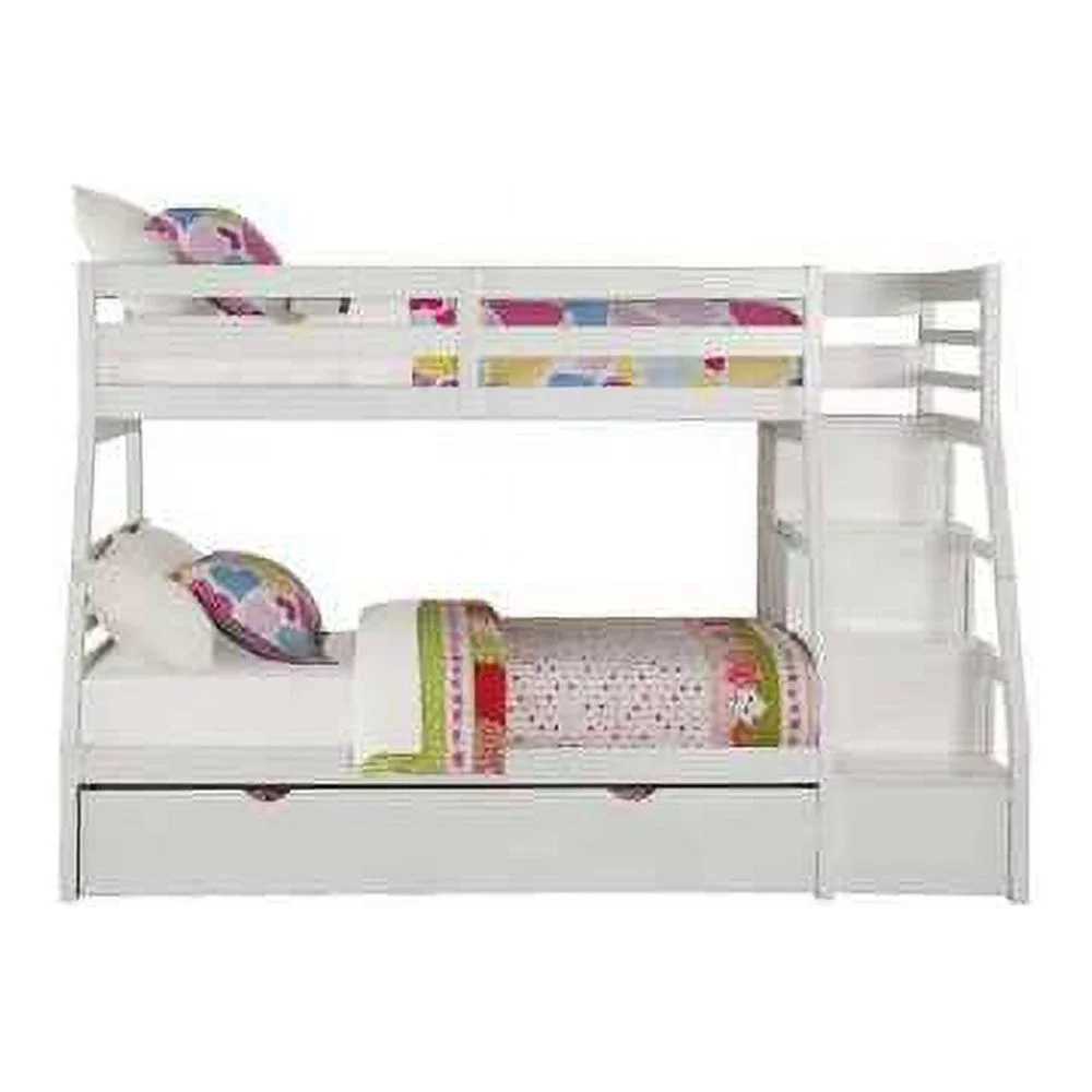 HomeRoots 95 x 56 x 65 in. Twin Over Full Storage Ladder & Trundle Bunk Bed, White