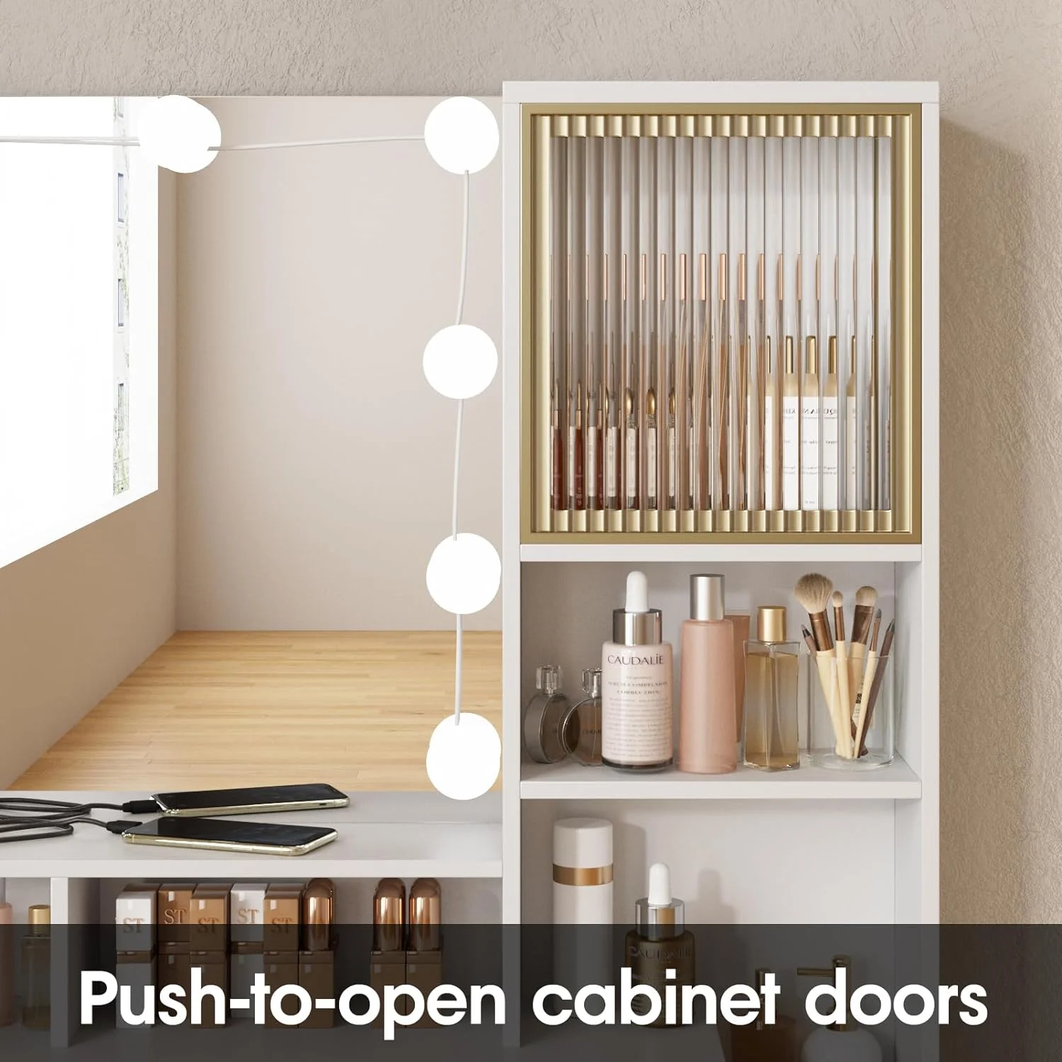 Vabches Vanity with Mirror and Lights, 3 Colors of Light, with Charging Station and Side Coat Hooks, Dresser Set with Lots of Storage and Hair Dryer Holder, Gold Metal Frame