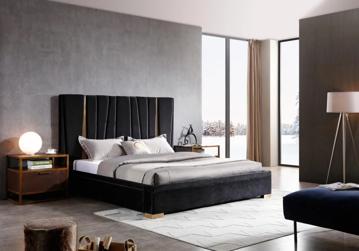 Black Velvet & Brass King Bed VIG Modrest Evonda Modern Contemporary
