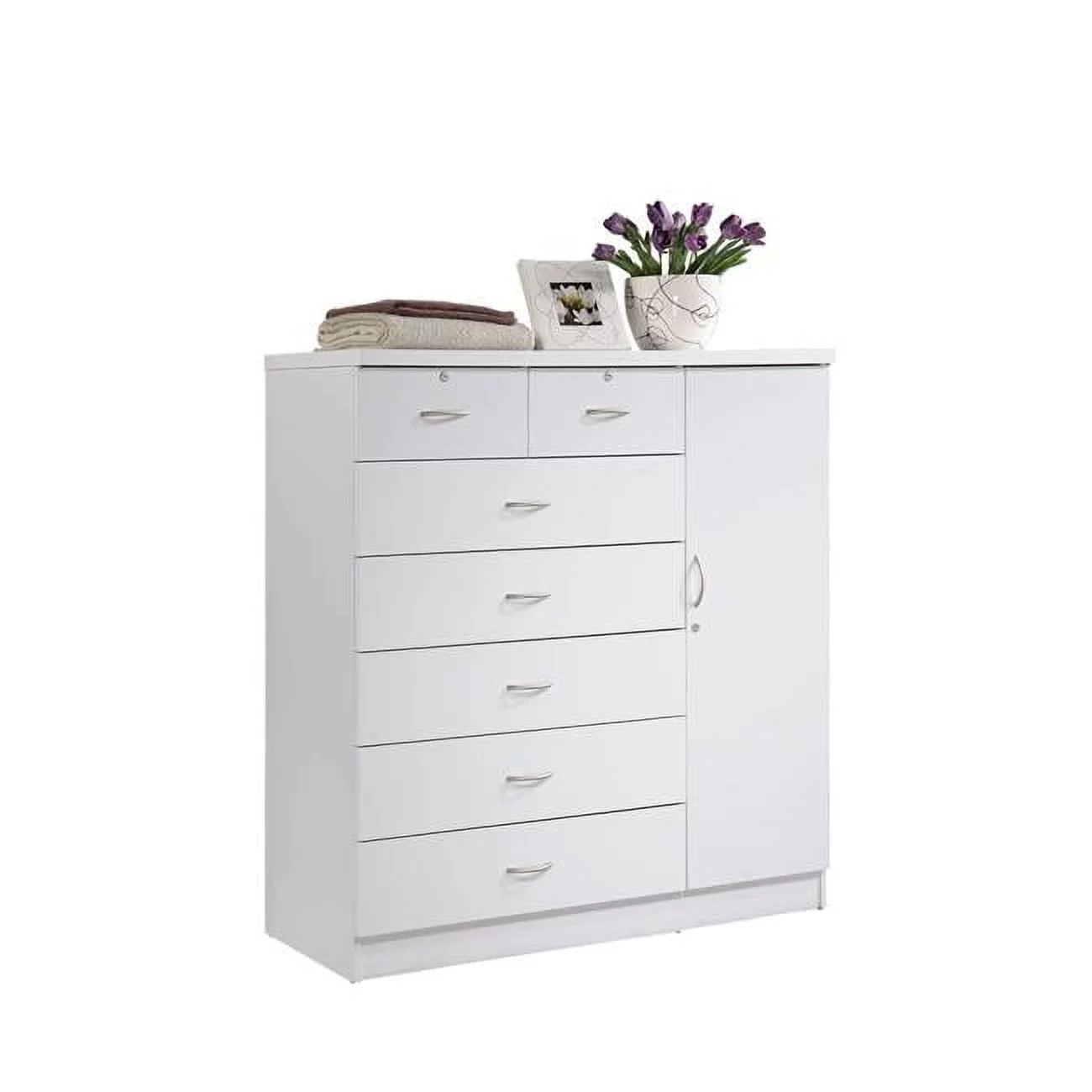 Hodedah 7-Drawer Chest with Locks on 2-Top Drawers Plus 1-Door, 3-Shelves - White