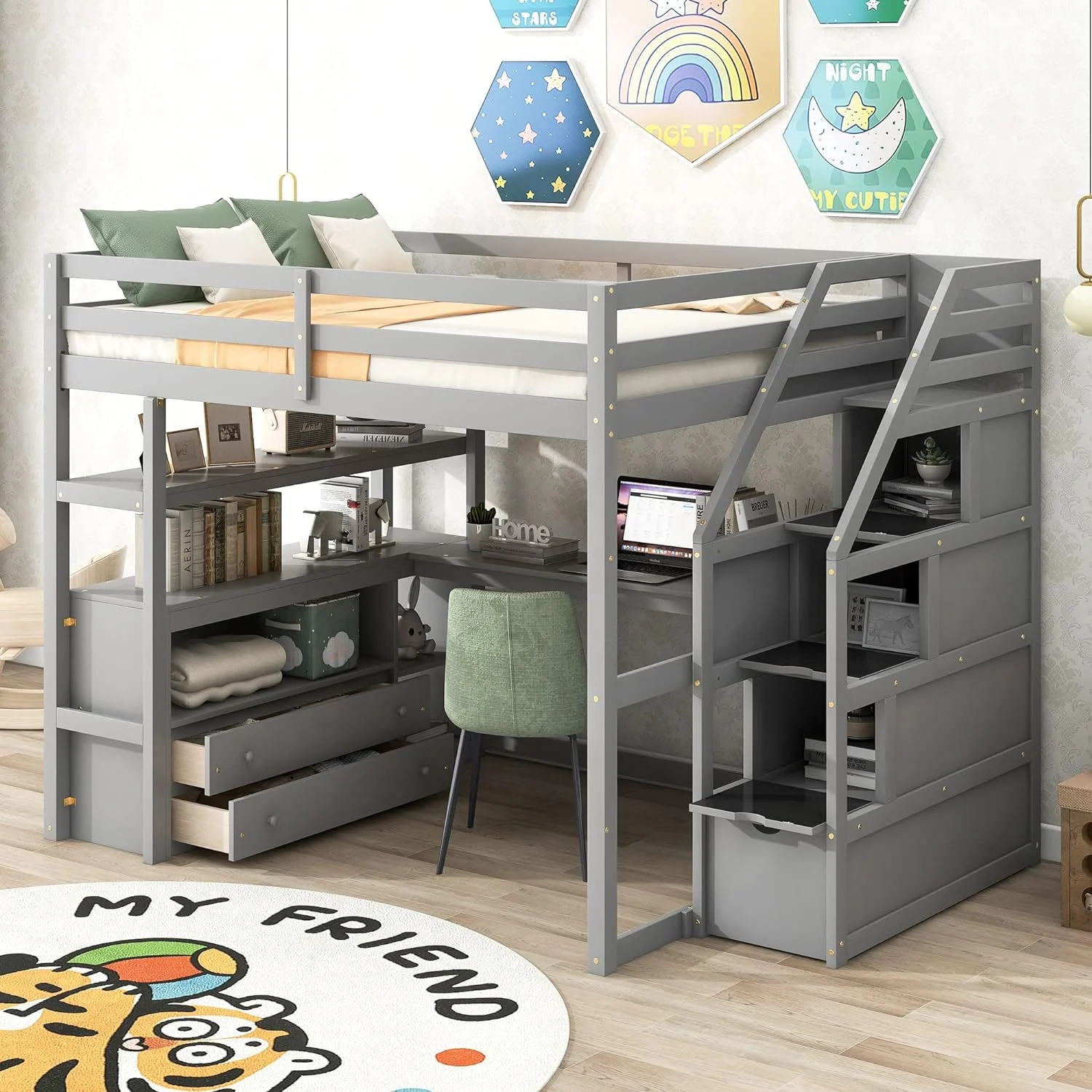 Full Size Loft Bed With Storage Staircase Ad Desk, Wood Loft Bed With Storage Shelves Ad 2 Built-I Drawers, Full Loft Bed With Step For Kids Boys Girls Tees, Gray