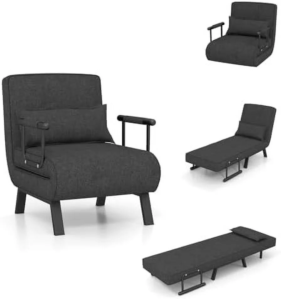 Convertible Sleeper Chair Bed - 4-in-1 Living Room Reading Chair with Pillow Arm and Adjustable 5-Position Backrest - Single Sofa Bed