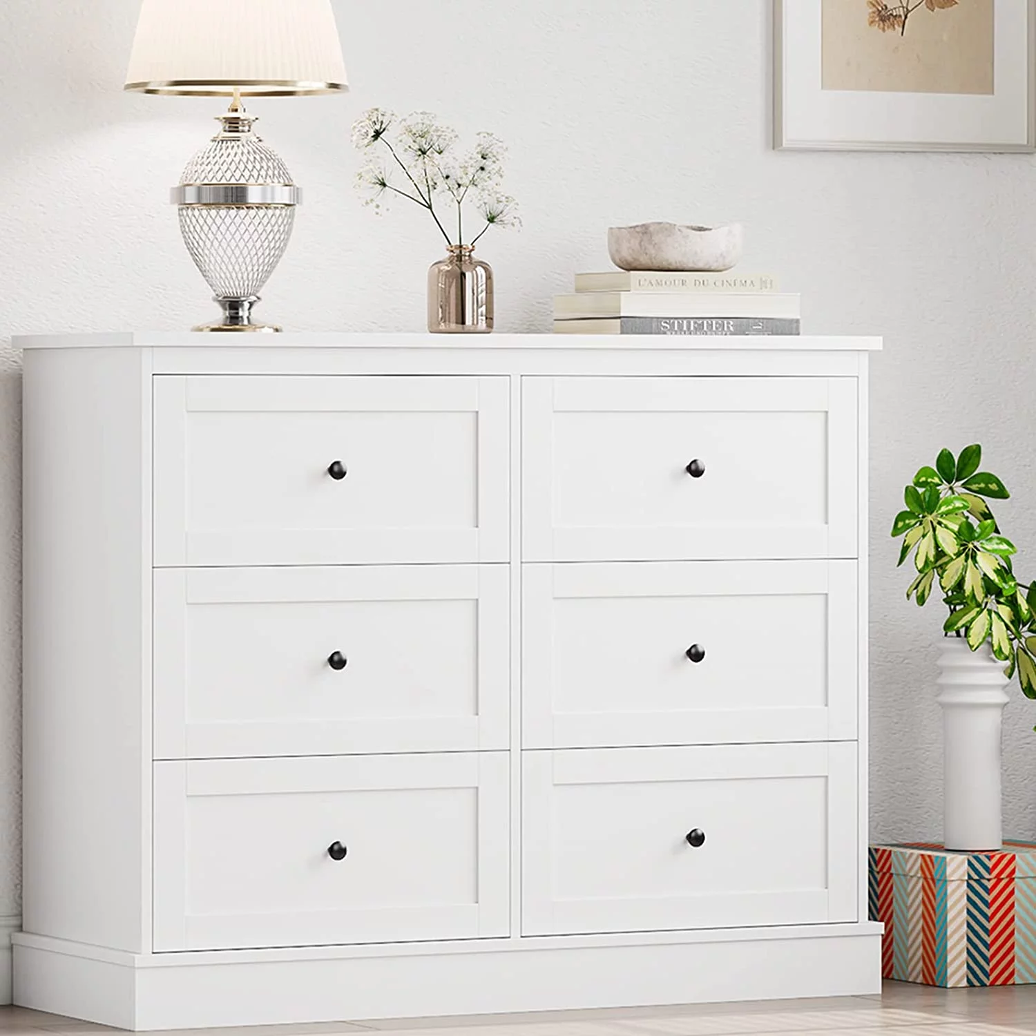 White Dresser 6 Drawer Dresser White Double Chest with Deep Drawers Wide Organizer Cabinet for Living Room