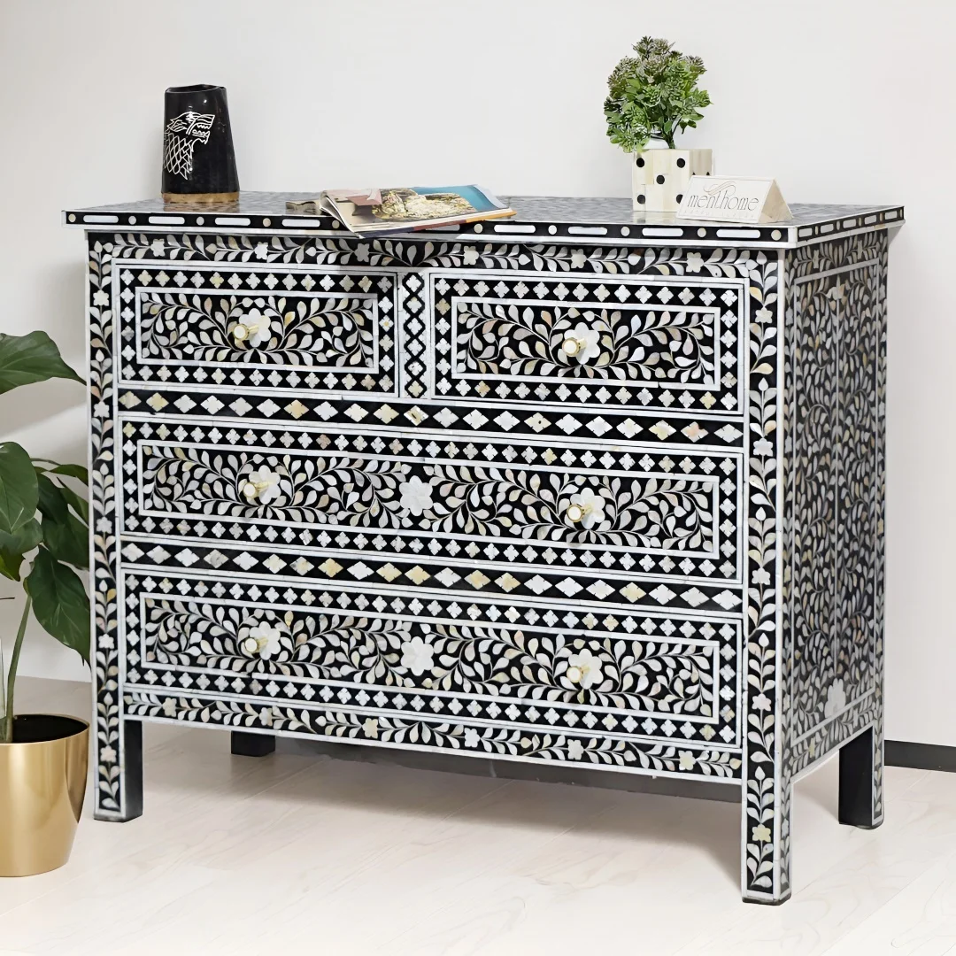 Mother of Pearl Floral Pattern 4-drawers black dressers