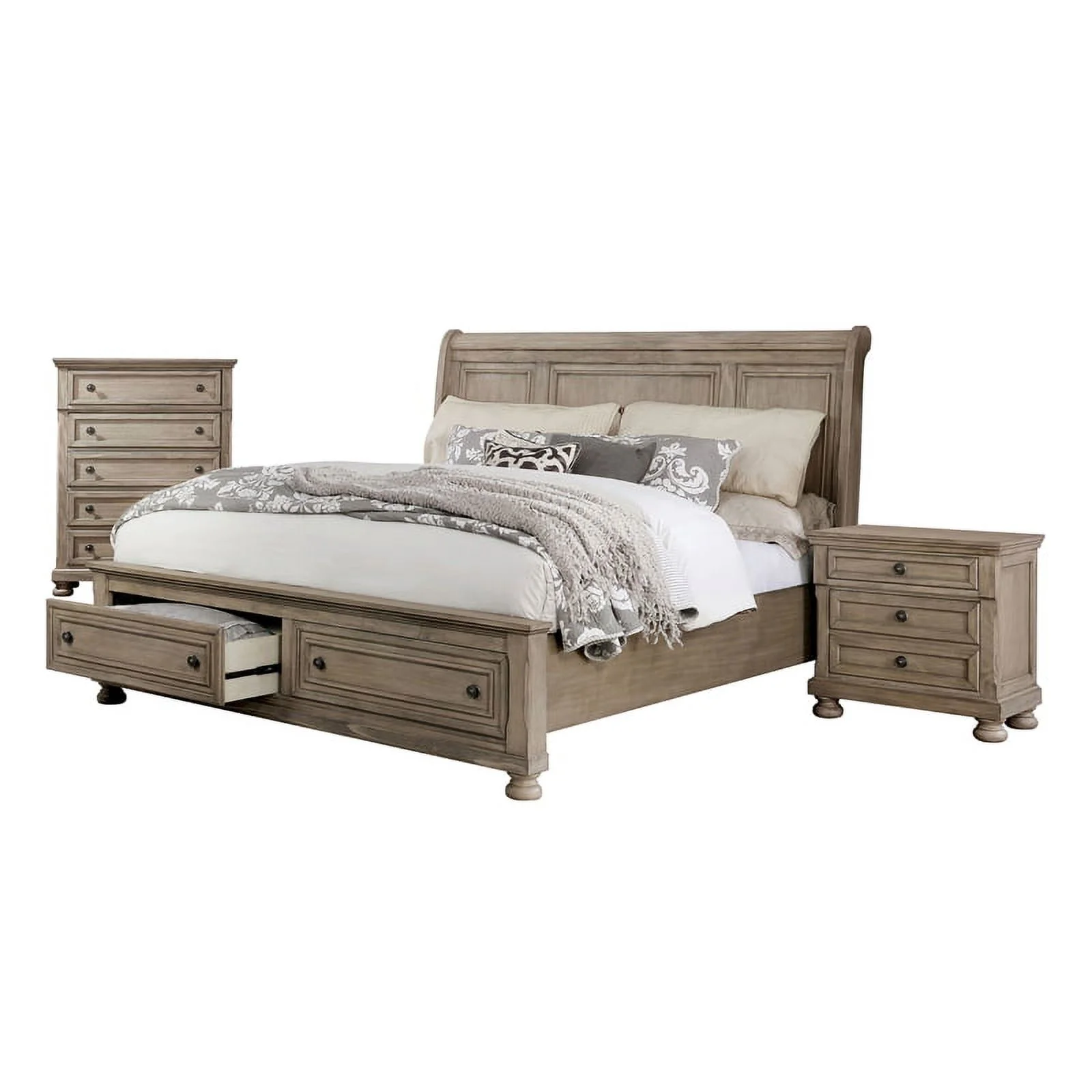 FOA Frigga 3-Piece Gray Wood Bedroom Set - Queen + Nightstand + Chest