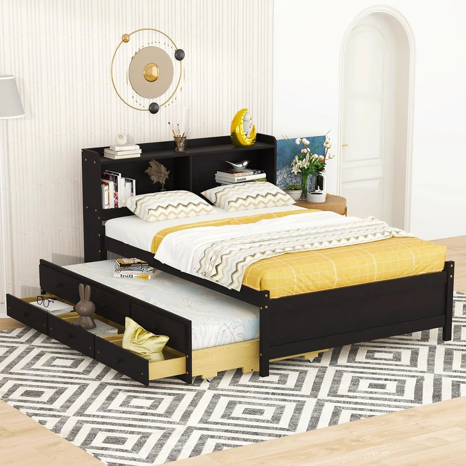 Full Size Bed With Trudle Ad Drawers, Full Stora Bed With Bookcase Headboard, USB,Type-C Ports Ad LED Light, Wood Full Bed Frames For Kids Tees Adults - Espresso