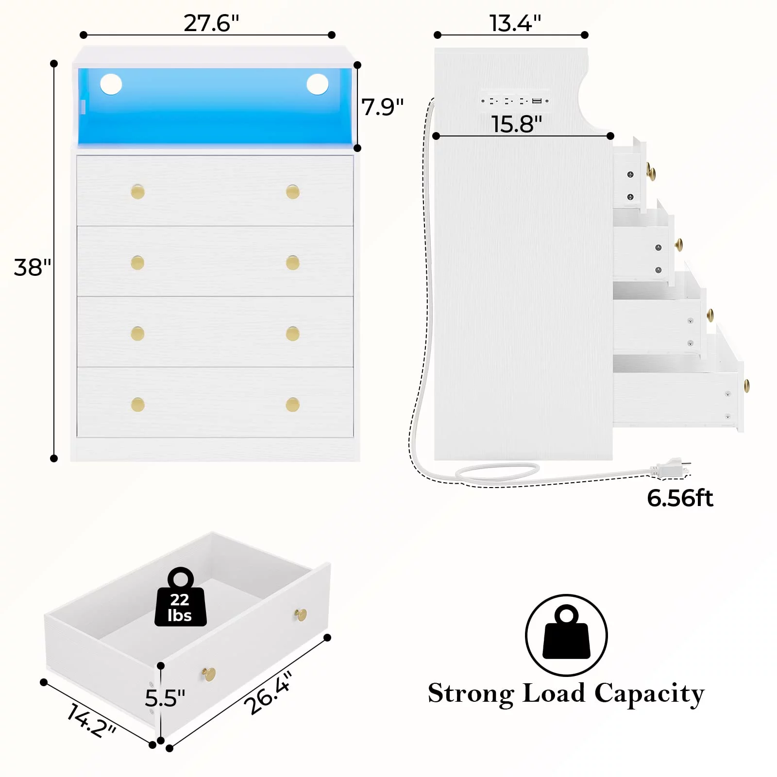 EPHEX White Led Dresser with Charging Station, 4 Drawers Dresser for Bedroom, Chest of Drawers with Open Space