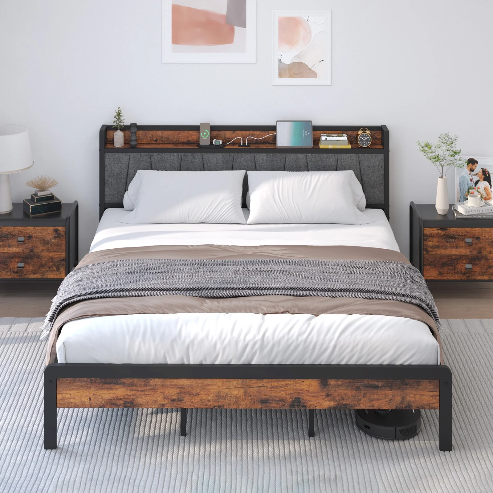King Size Metal Platform Bed Frame with Headboard & Footboard, Built in Charging Station, and Motion-Activated Night Light, Retro Wood Grain, Arc Corner Design More Secure for Family, Sponge Reduce No