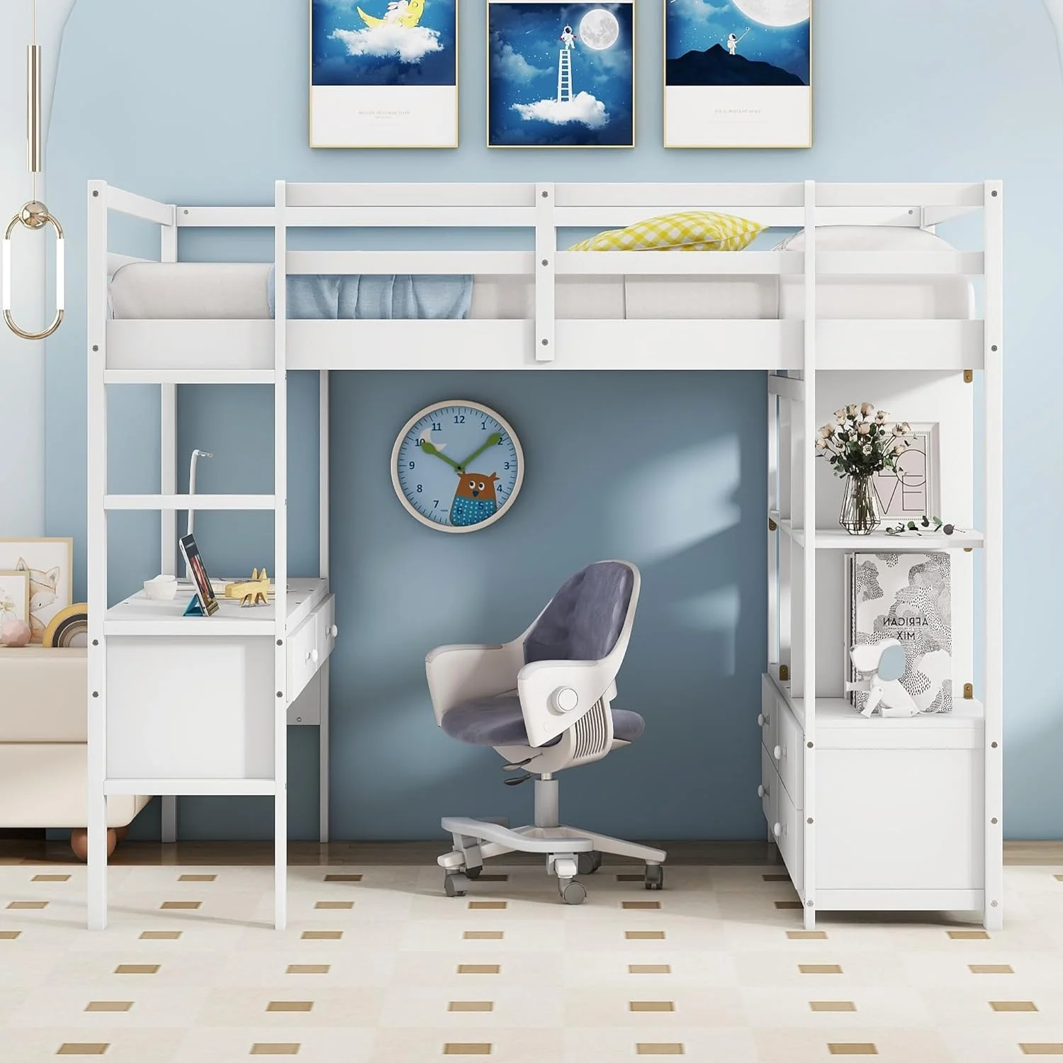Full Size Loft Bed With Desk Ad 2 Drawers, Solid Wood Full Loft Bed With Storage Shelves Ad Drawers For Girls Boys Tees Adults,o Box Sprig eeded,White