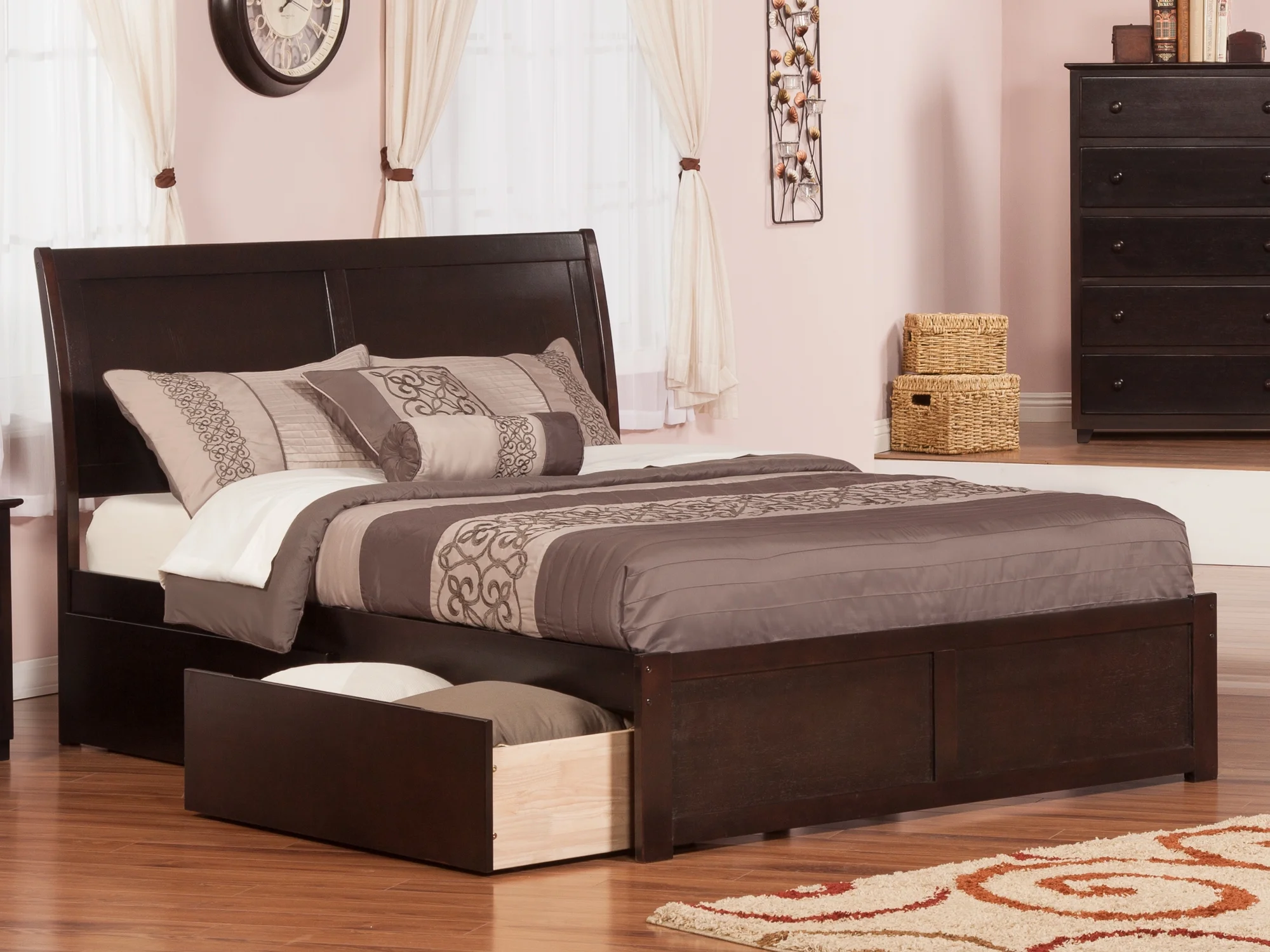 Portland Queen Platform Bed with Flat Panel Foot Board and 2 Urban Bed Drawers in Espresso
