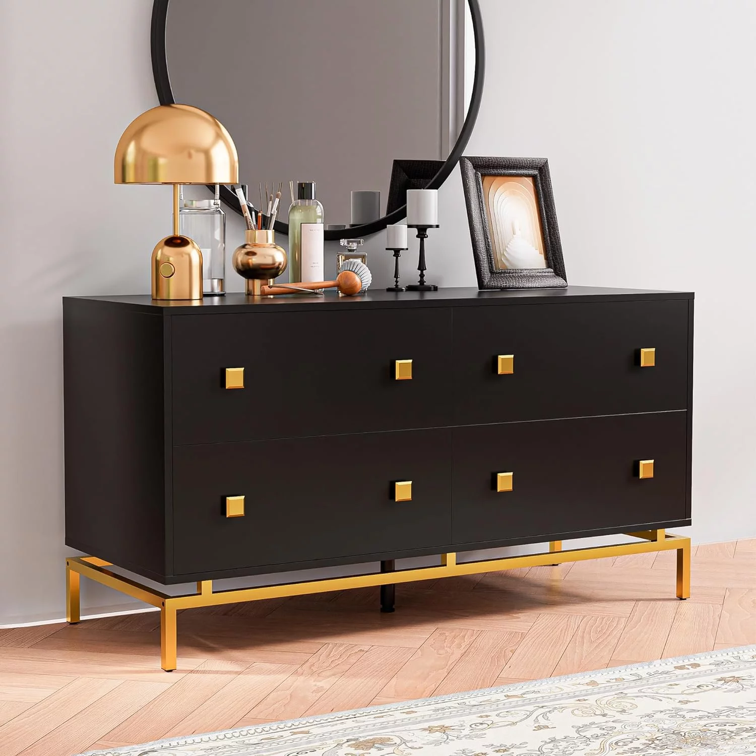 HBBOOMLIFE Extra Wide Black 4 Drawer Double Dresser for Bedroom Luxury Modern Wooden Dressers & Chests of Drawers with Gold Base
