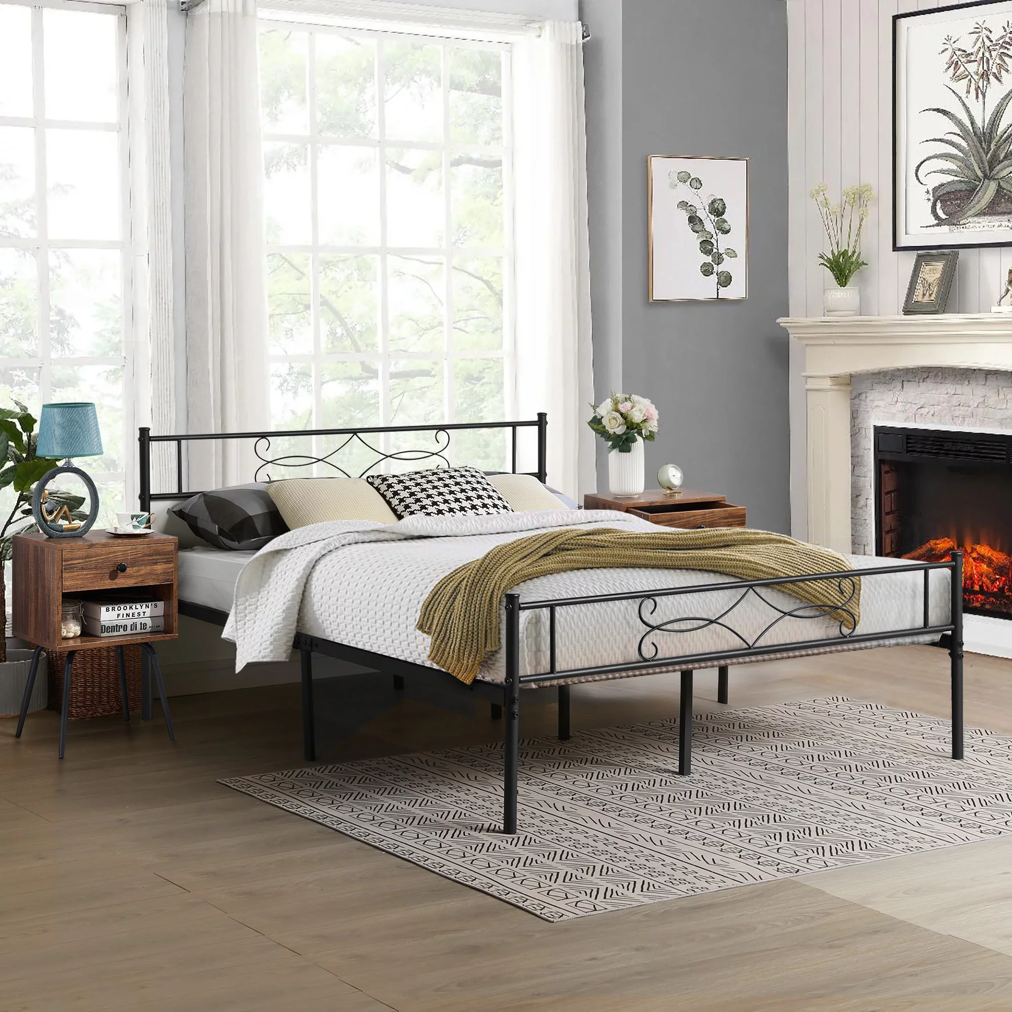 VECELO 3-piece Bedroom Set, Metal Bed Frame and Nightstands, Full Size