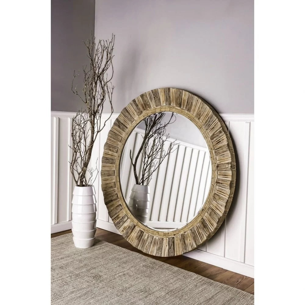 Modern Farmhouse Handcrafted Artistic Style Glamour Round Mirror with Natural Driftwood Frame 64 inches W  64 inches H Bailey Street Home