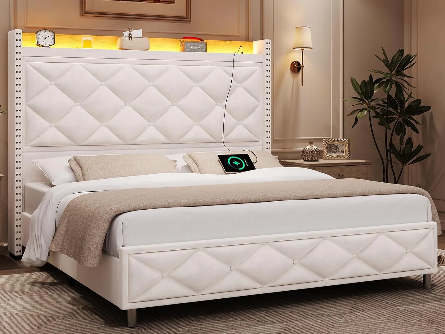 AOGLLATI King Bed Frame with LED Light and USB Charging Station,Upholstered Platform Bed Frame with Tall Headboard, Velvet Tufted Wingback,White
