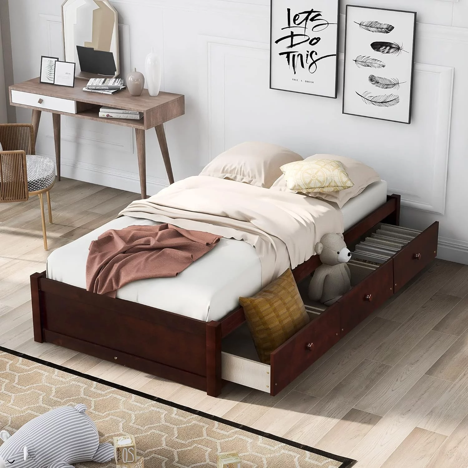 Size Platform Storage Bed With 3 Drawers, Solid Wood Bed Frame, No Box Spring Needed, Cherry