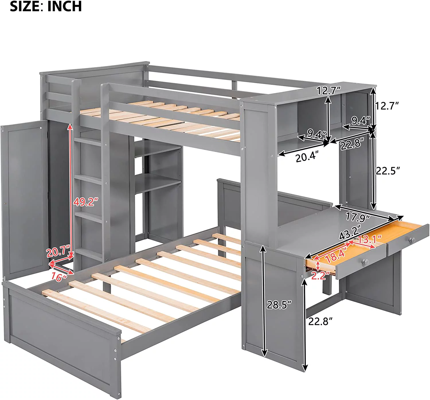 Over Bunk Beds With Desk And Drawers , Wooden Size Loft Bed With Removable Bed , Wardrobe And Shelves , Storage Bunk Bed With Ladder & Guardrails For Kids Girls Boys , Grey
