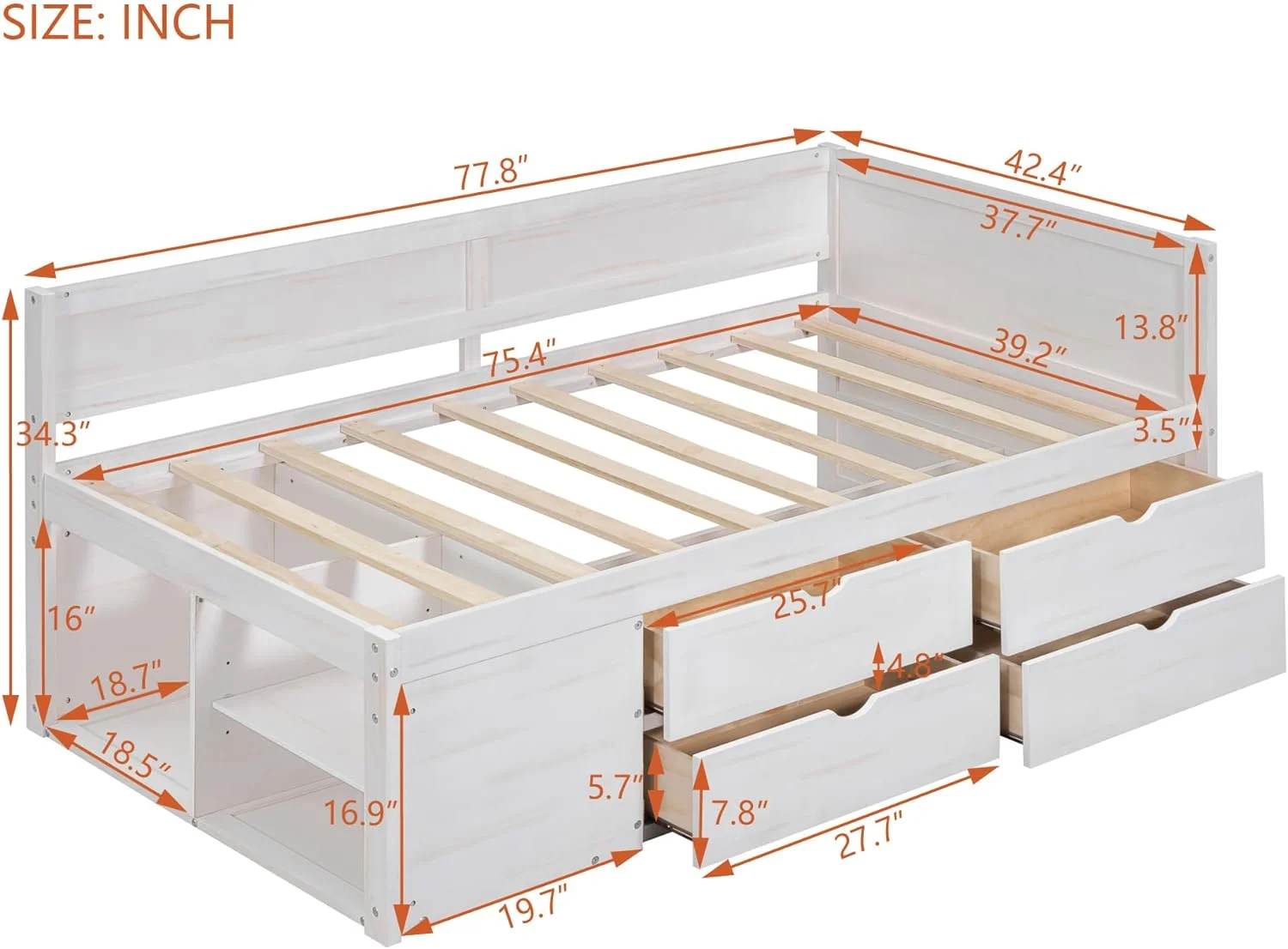 Size Daybed With 4 Pull-Out Drawers Drawers Ad 3 Fuctioig Shelves, Woode Day Bed Frame With Storage,o Box Sprig Required,White