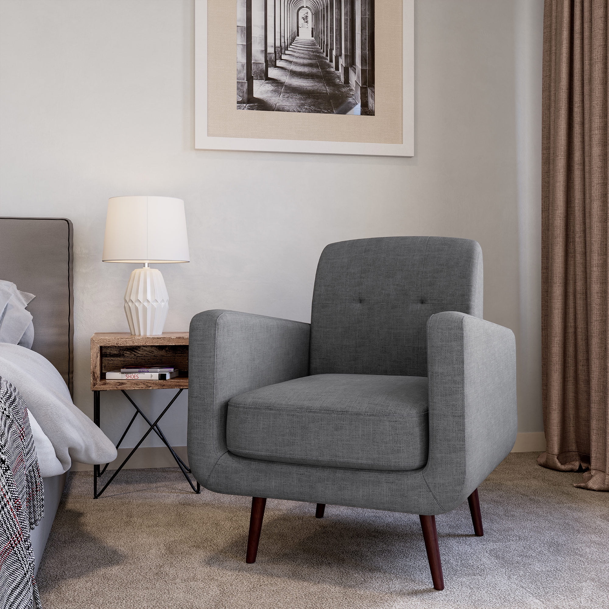 BELLEZE Hasting Arm Chair Comfy Fabric Upholstered Tufted Accent Chair Single Sofa for Bedroom Living Room with Wooden Legs, Grey
