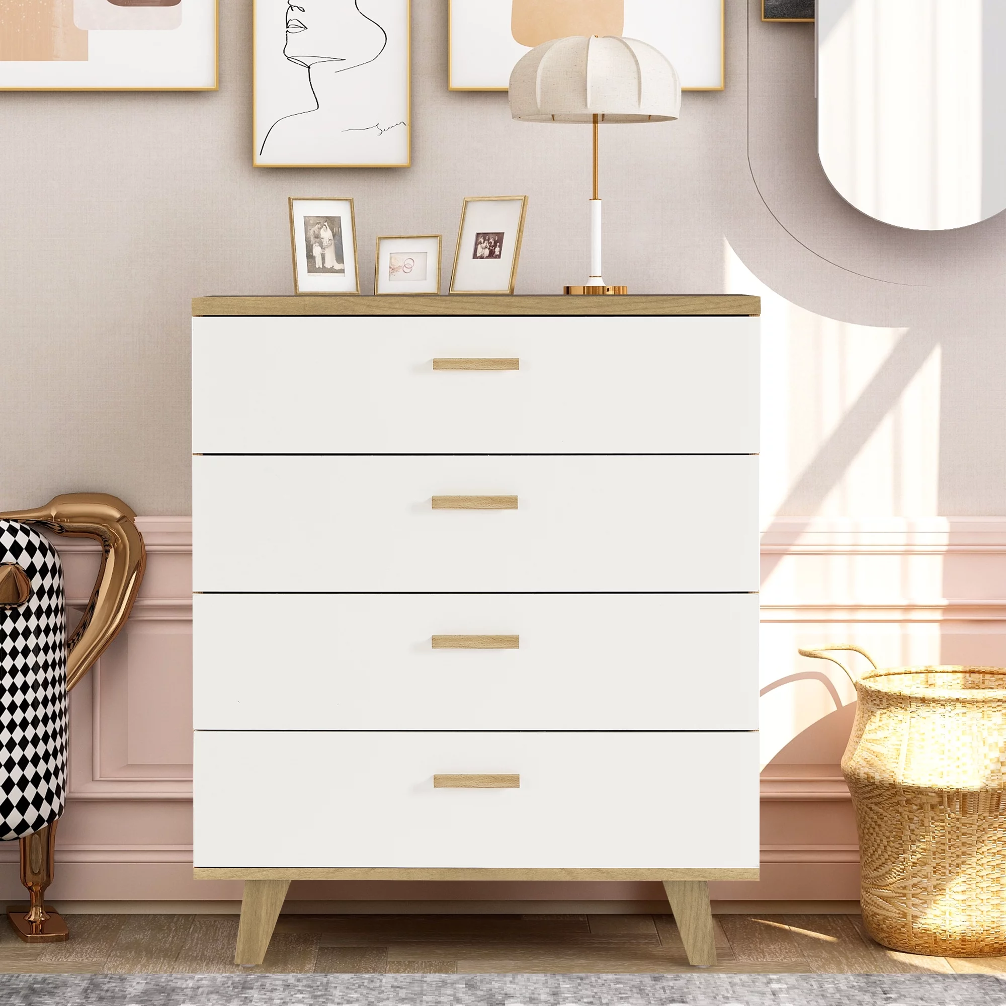 BTMWAY White Chest of Drawers, 4 Drawers Solid Wood Dresser Organizer Cabinet, Modern Bar Cabinet Storage Cabinet for Living Room Bedroom Dining Room, Easy Assembly, 31.5'' x 15.75'' x 37.8''