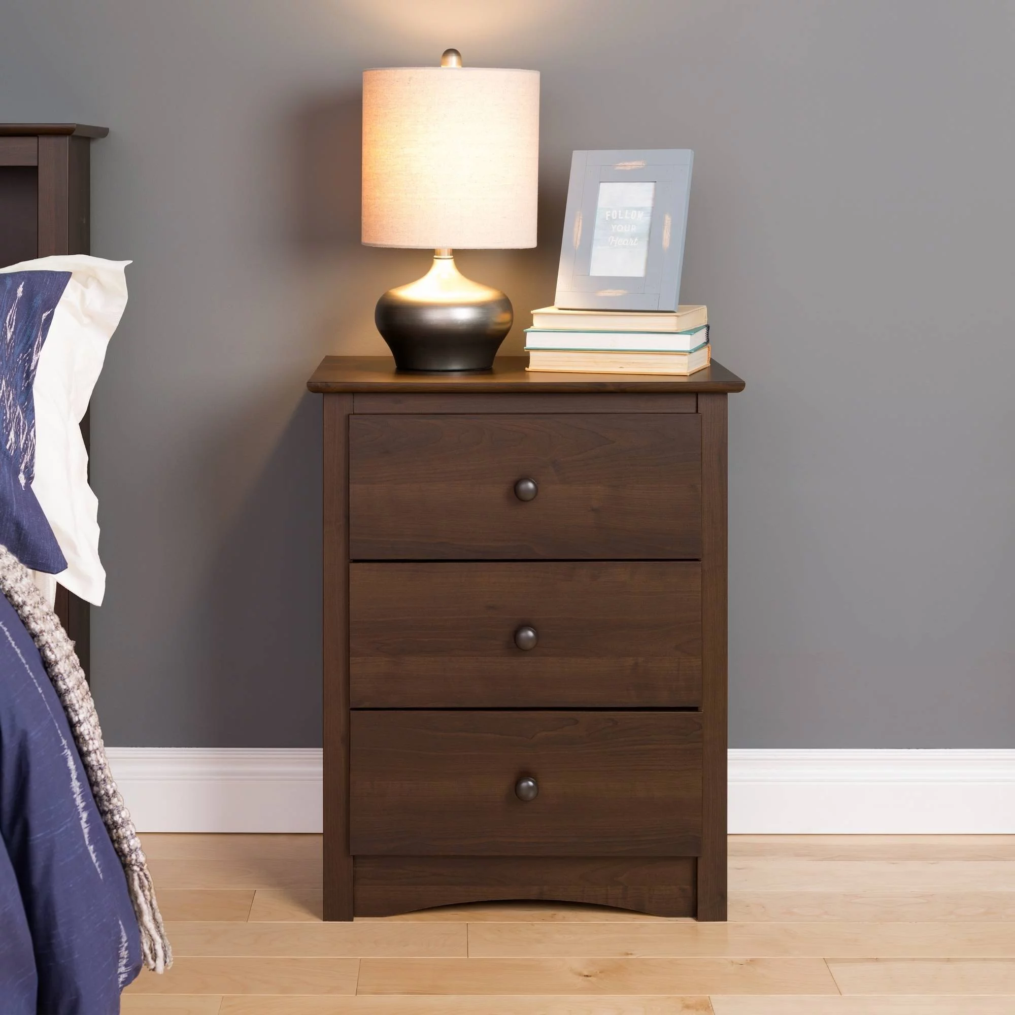 Prepac Fremont Classic Tall 3-Drawer Bedroom Nightstand, Espresso