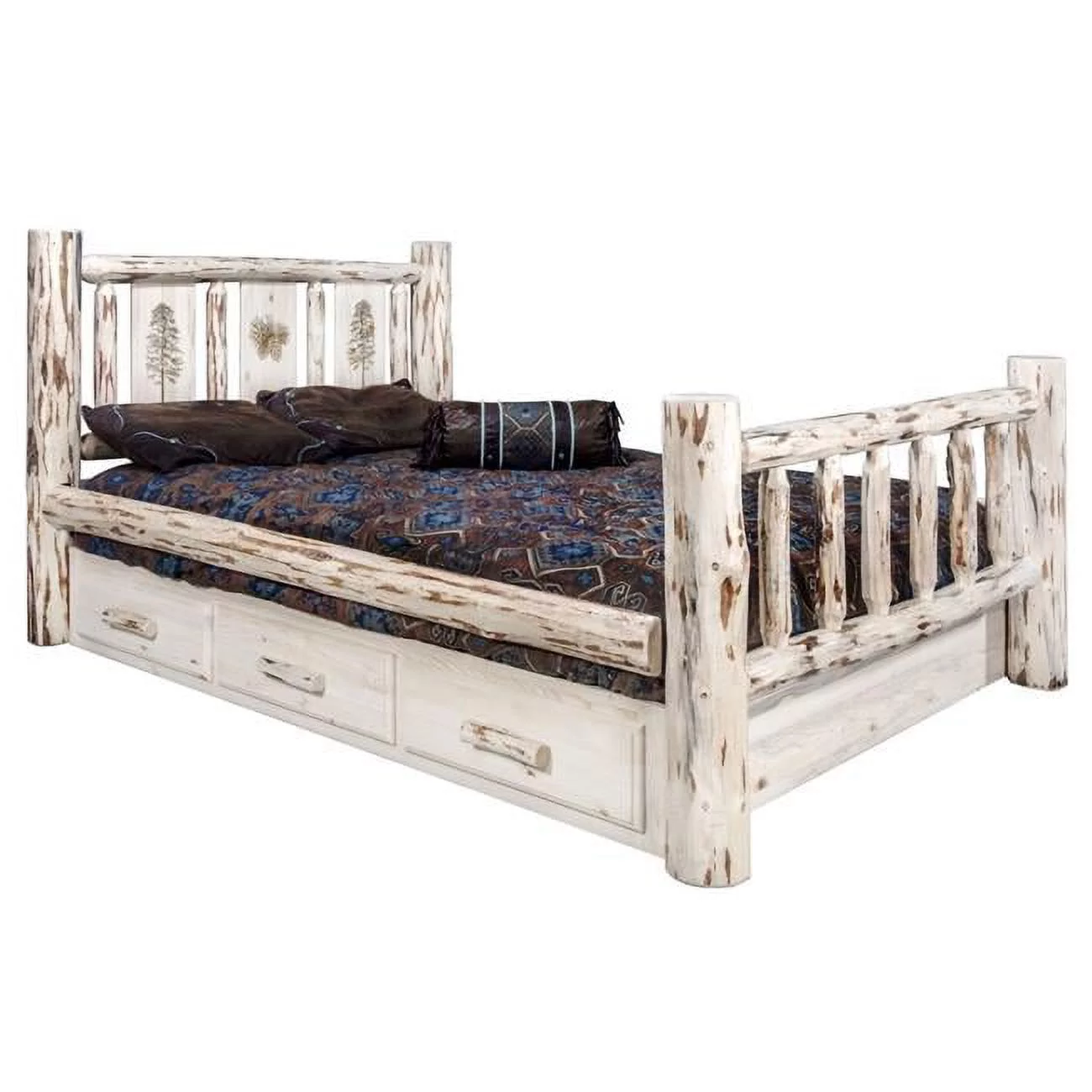 Montana Woodworks Wood Twin Storage Bed with Laser Engraved Pine in Natural
