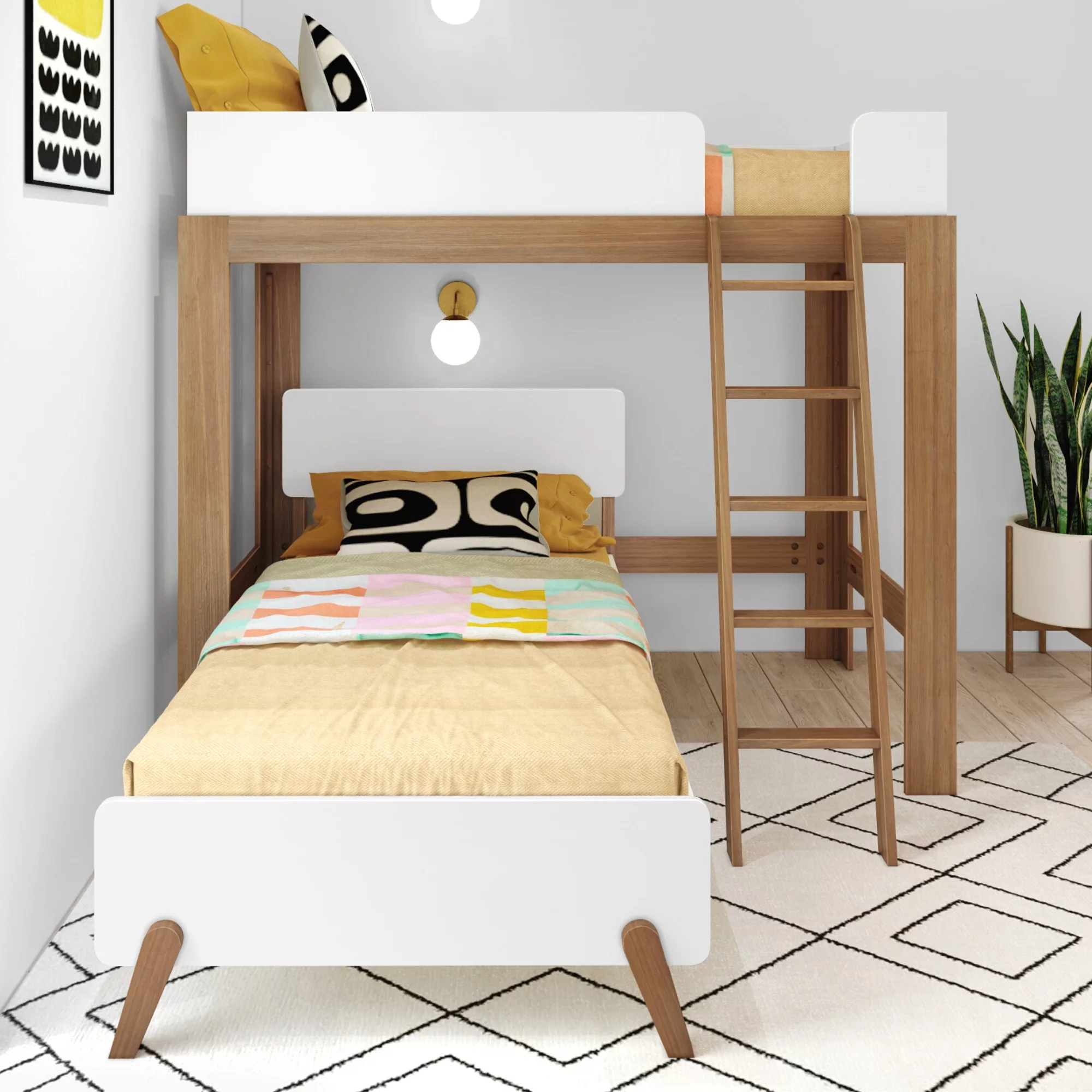 Max & Lily Twin over Twin L-Shaped Bunk Bed, Mid-Century Modern Bunk Solid Wood Bunk for Kids, White/Pecan