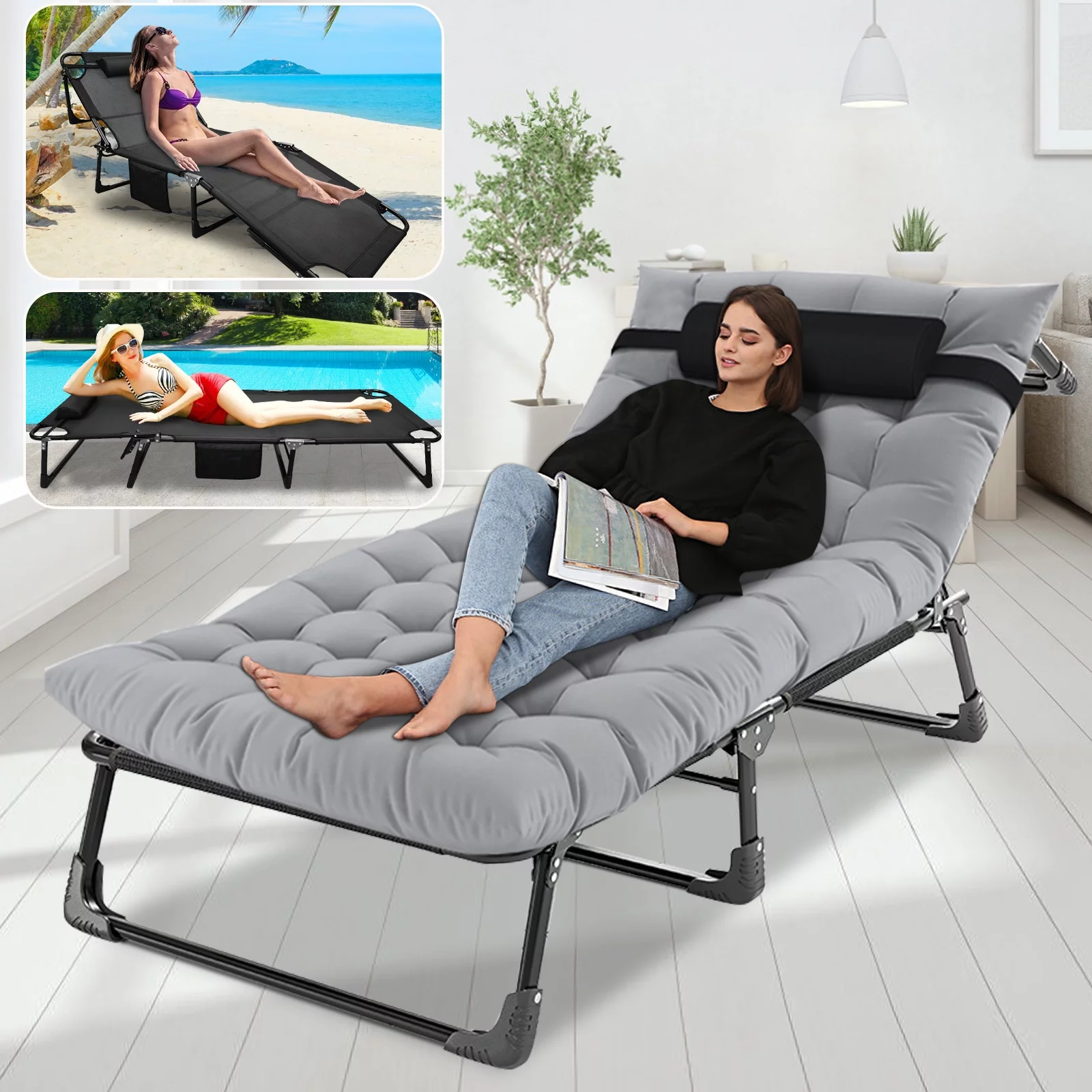 Lilypelle 4-Fold Sleeping Cots for Adults, Reclining Folding Chaise Lounge Chair Outdoor,Portable Folding Camping Cot Bed