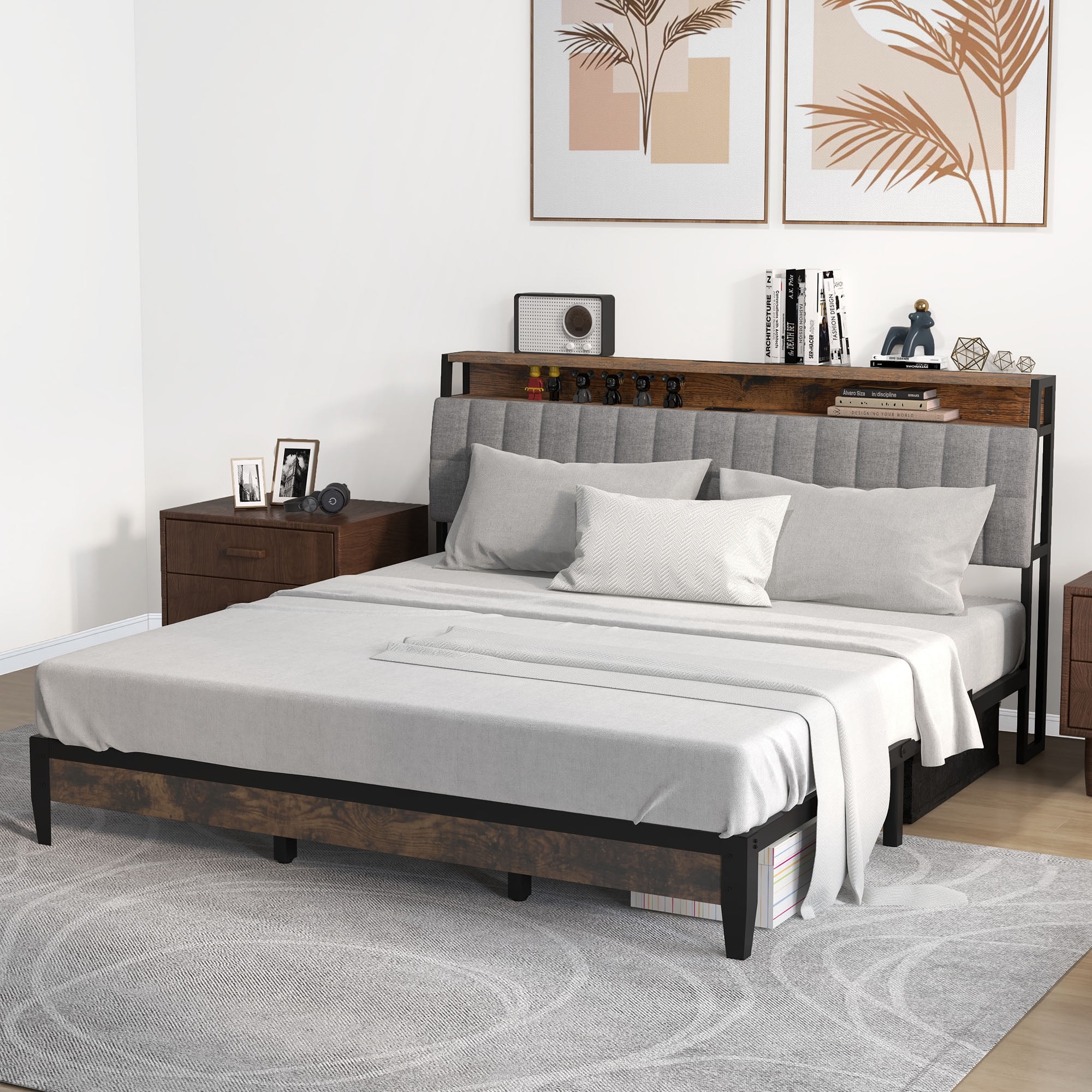 Dextrus King Bed Frame with Charging Station, Platform Metal Bed with Upholstered Headboard, Rustic Brown and Gray